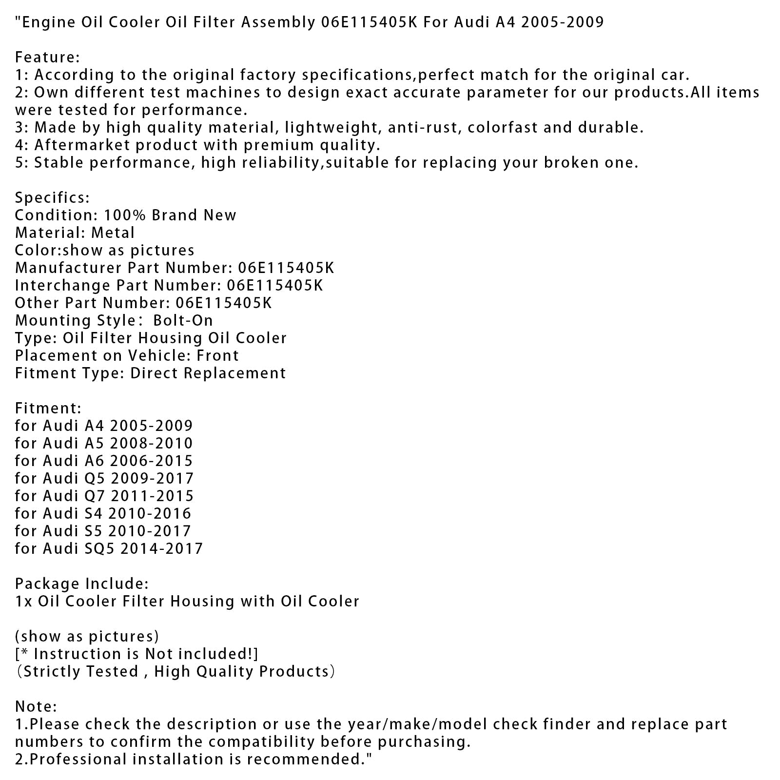 Filtr oleju do chłodnicy'olej silnikowy Audi A4 2005-2009 06E115405K