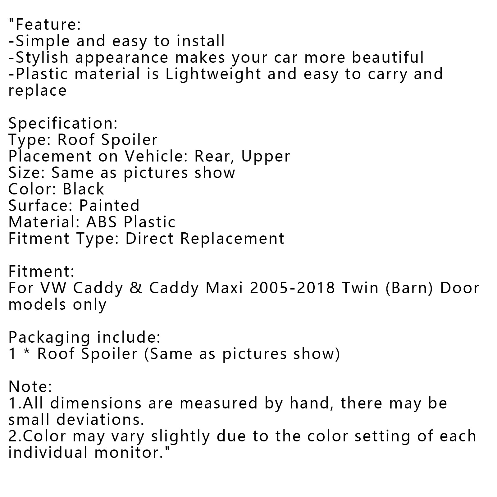 Błyszczący czarny tylny podwójny spoiler bagażnika do drzwi stodoły do VW Caddy Maxi 2005-2018