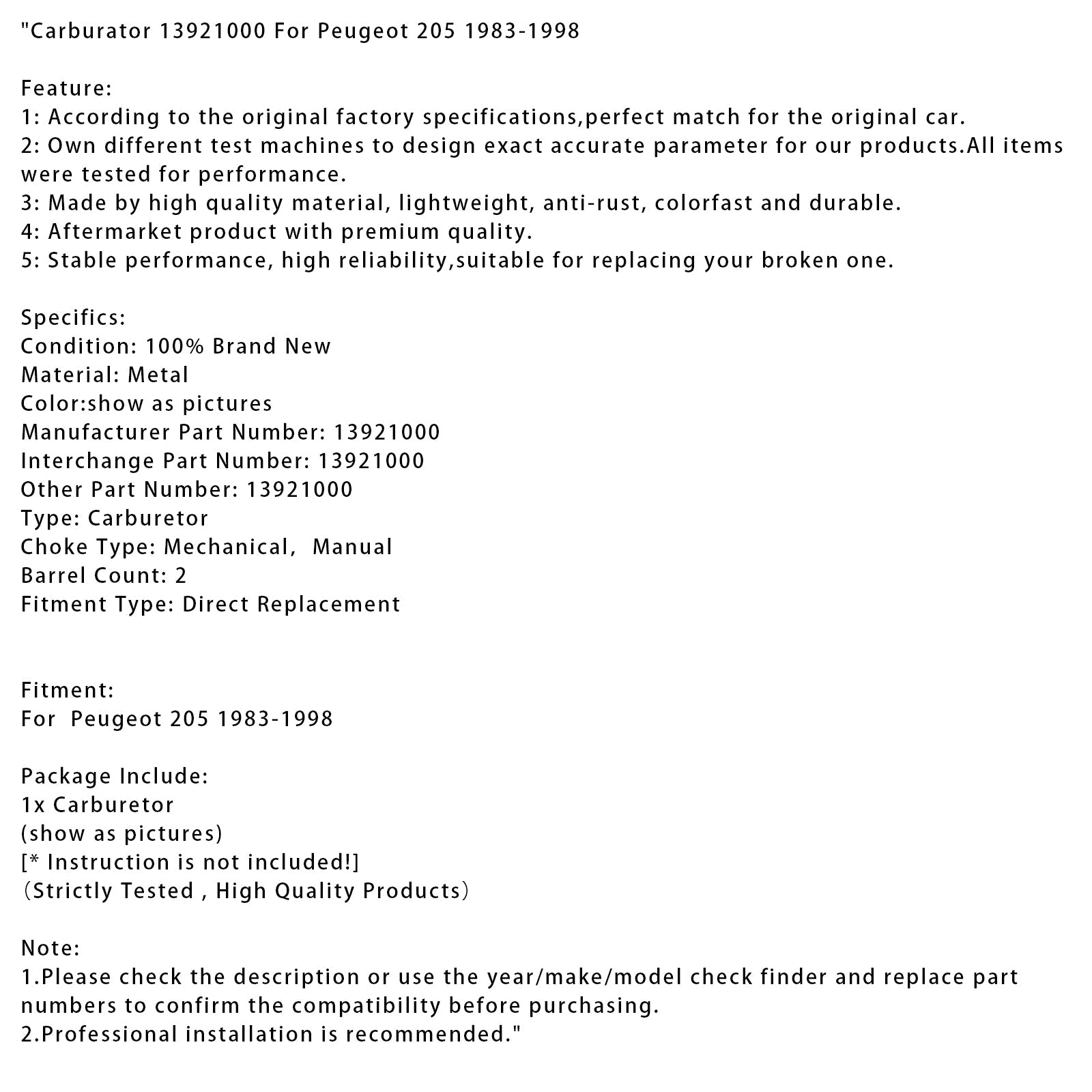 Peugeot Carburetor 205 1983-1998 13921000