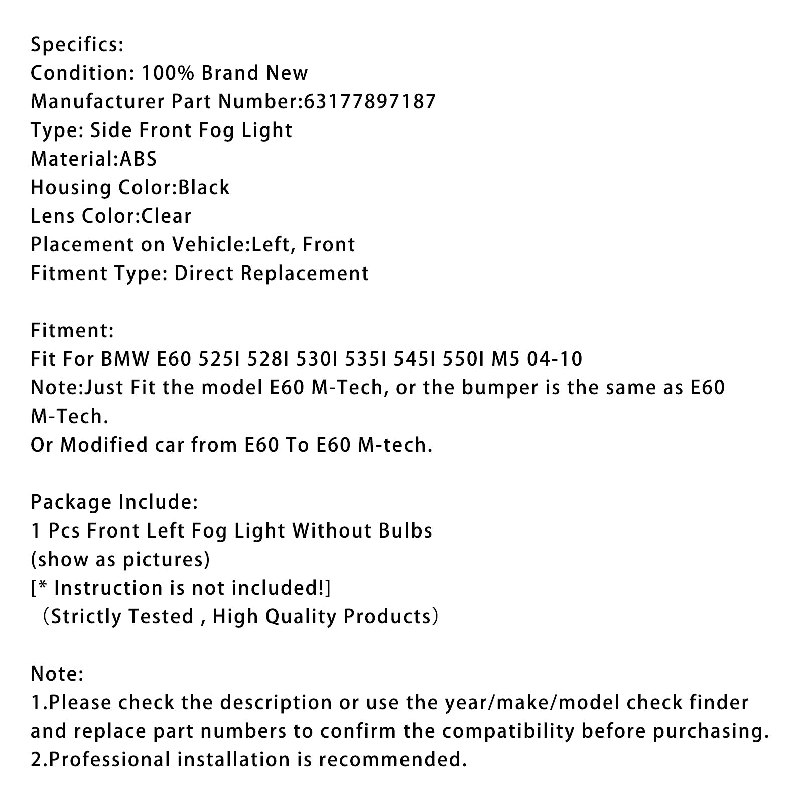 Lewe światło mgły 63177897187 dla BMW E60 525I 528I 530i 535i 545i 550i M5 2004-2010