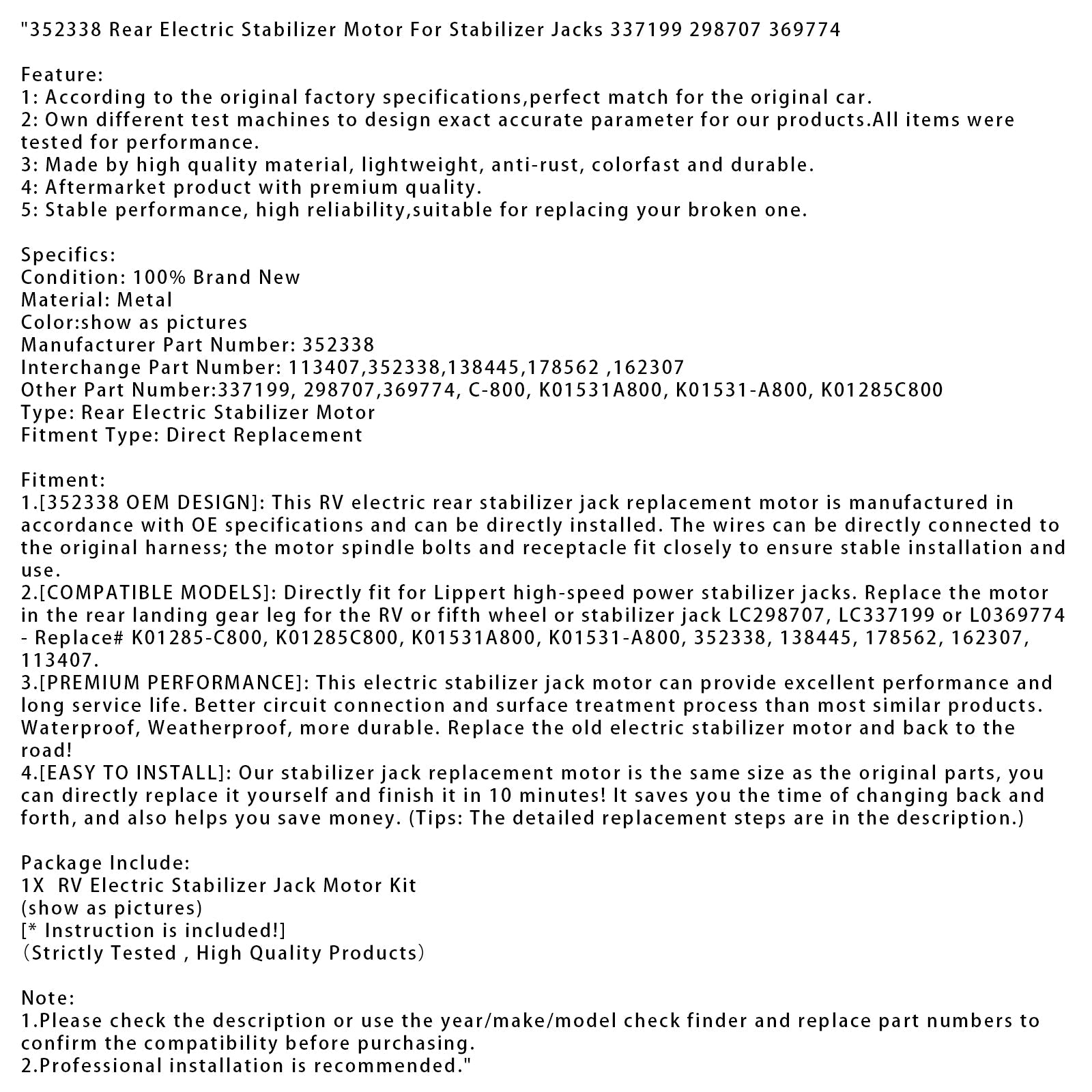 Achterste elektrische stabilisatormotor 352338 voor stabilisator cilinders 337199 298707 369774