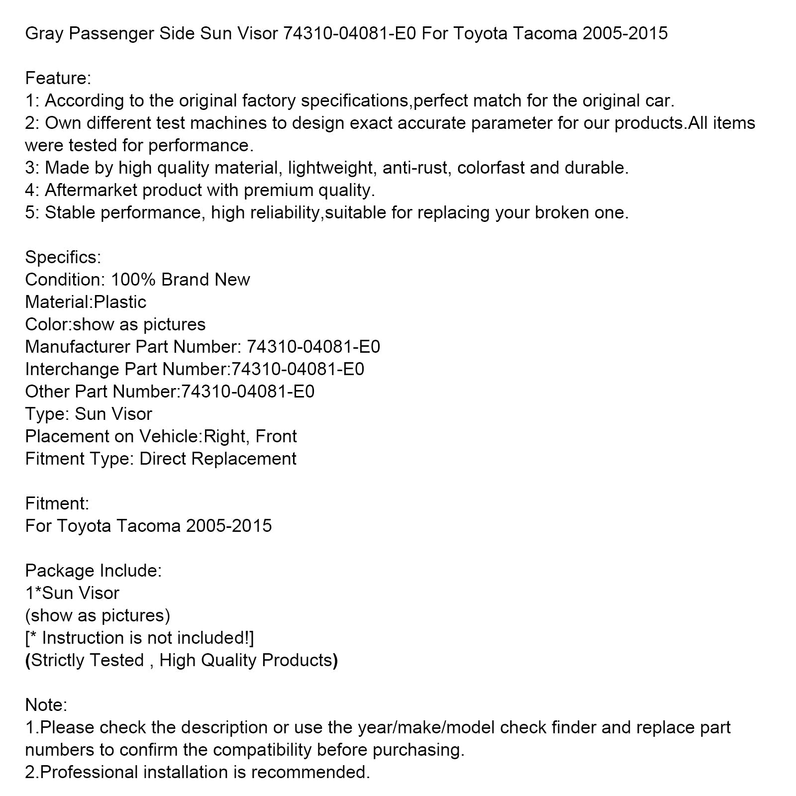 Gray prawy Słońce Visor dla Nissana Altima 2013-2018 74310-04181-B1