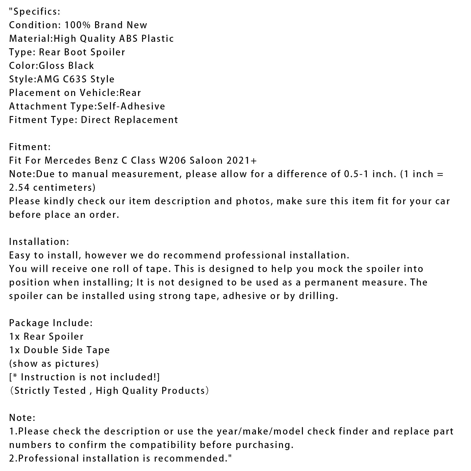 Alerón trasero negro brillante para Mercedes-Benz Clase C W206 AMG C63 S 2021+