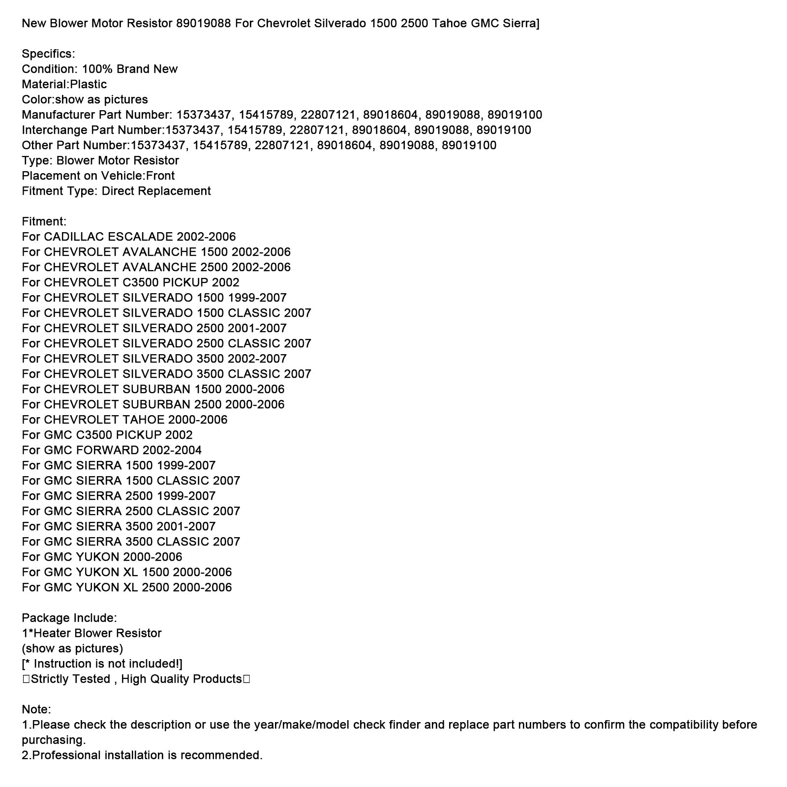 Nowy opór silnika wentylatora 89019088 dla Chevrolet Silverado 1500 2500 Tahoe GMC