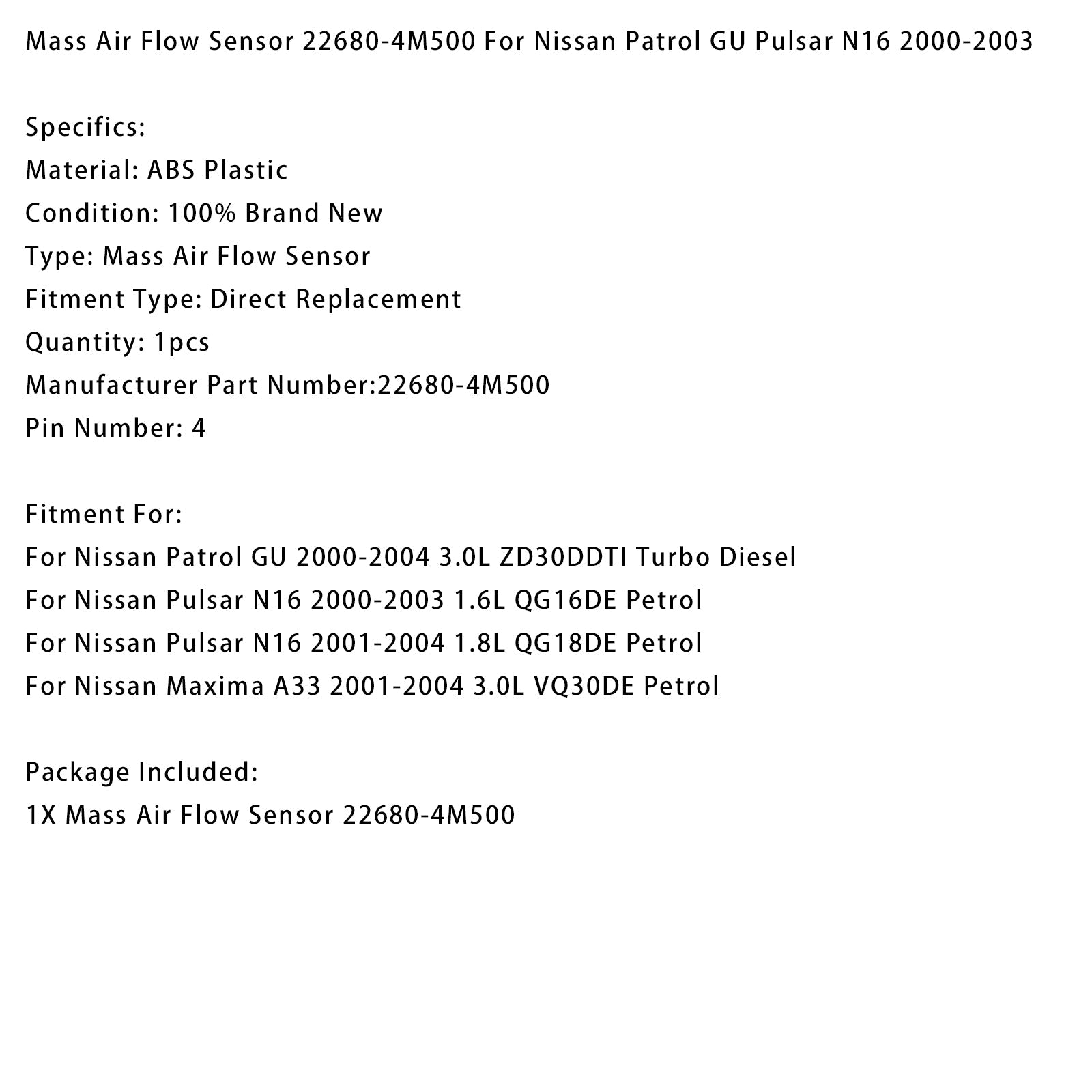 Luchtmassameter 22680-4M500 voor Nissan Patrol GU Pulsar N16 2000-2003