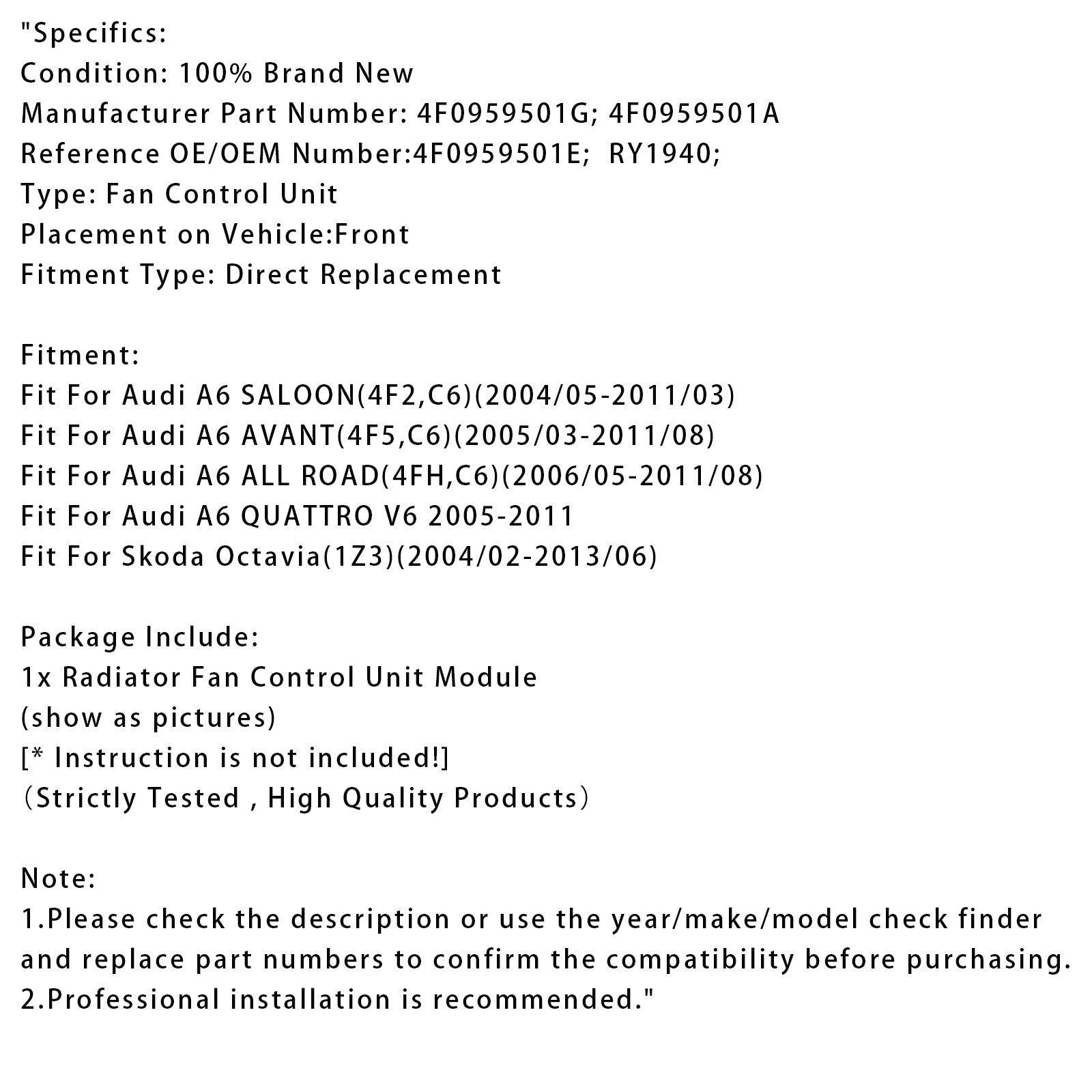 Moduł sterujący wentylatora chłodnicy dla Audi A6 2004-2011 4F0959501G 4F0959501E