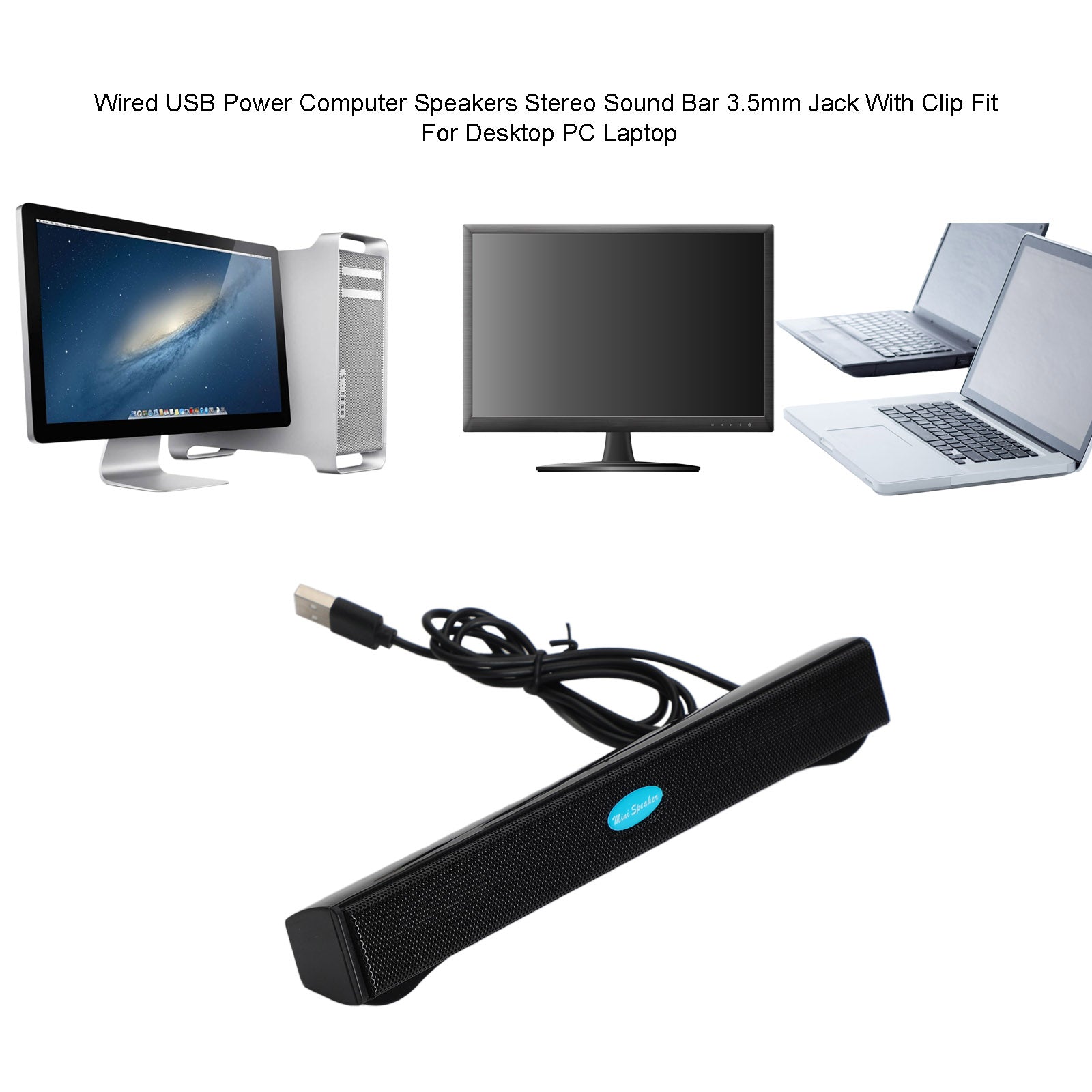 100HZ Wired USB Computer Haut-parleurs Stereo Sound Bar pour PC Laptop Noir