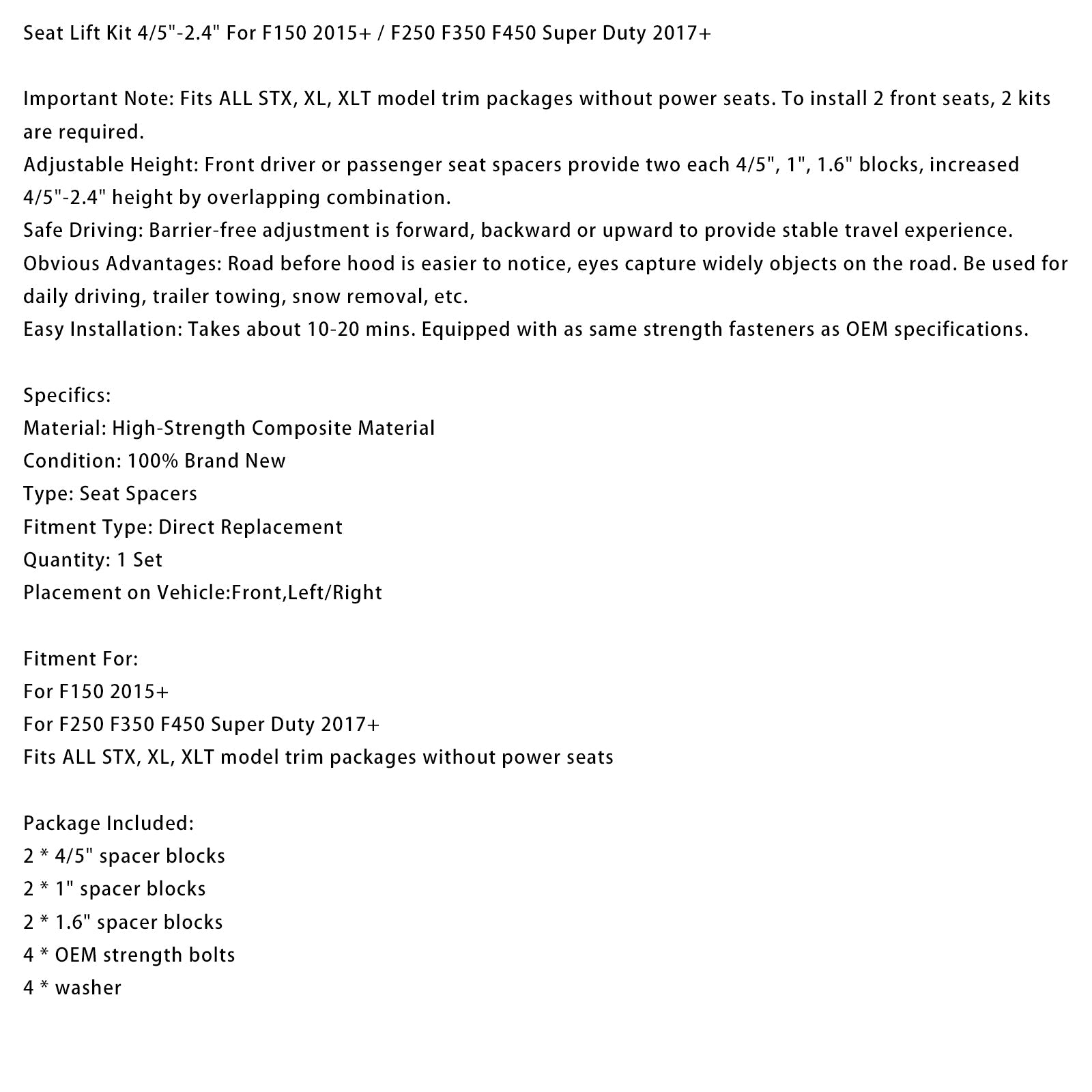Kit de rehausse de siège 4/5""-2,4"" pour F150 2015+ / F250 F350 F450 Super Duty 2017+