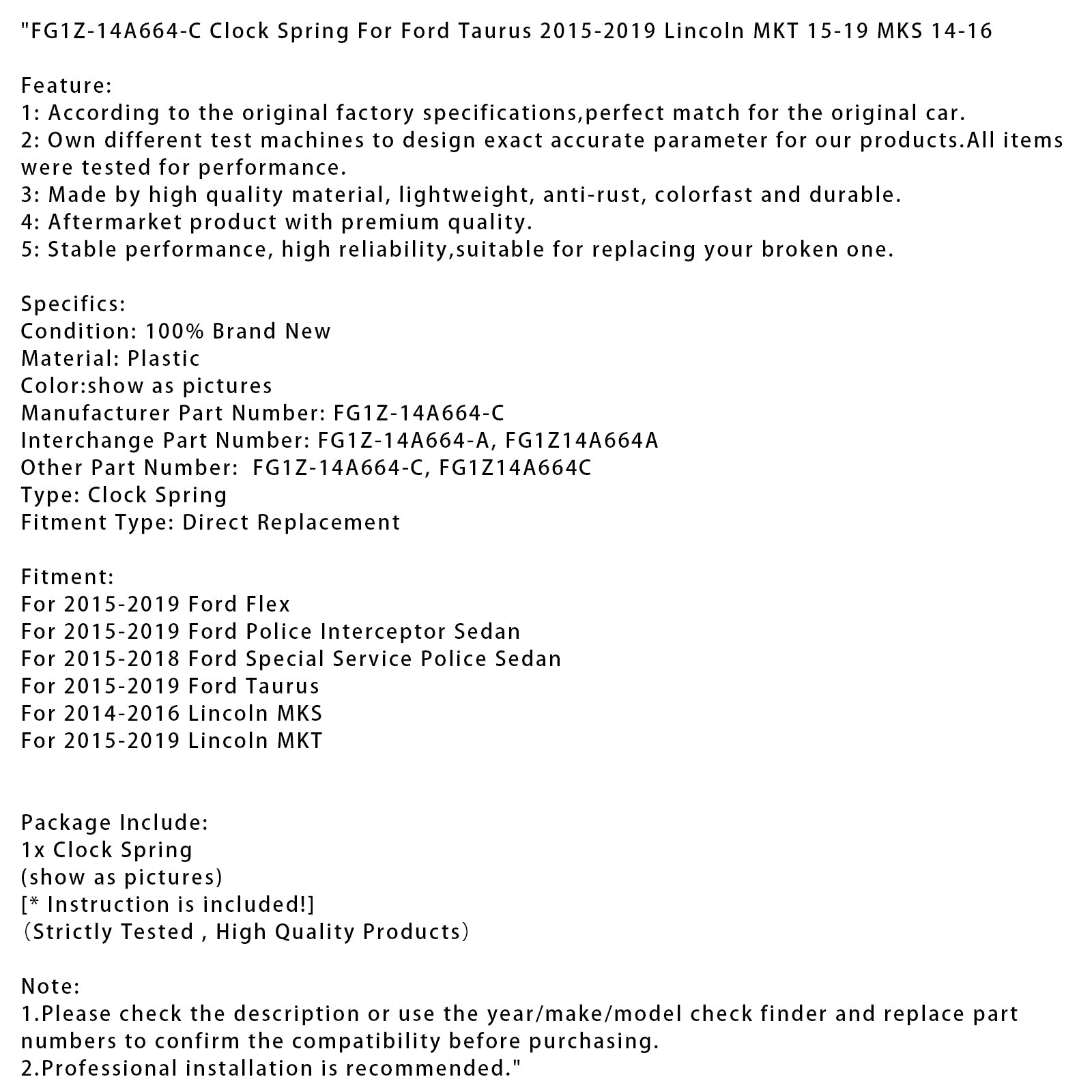 Lente van'klok FG1Z-14A664-C voor Ford Taurus 2015-2019, Lincoln MKT 2015-2019, MKS 2014-2016