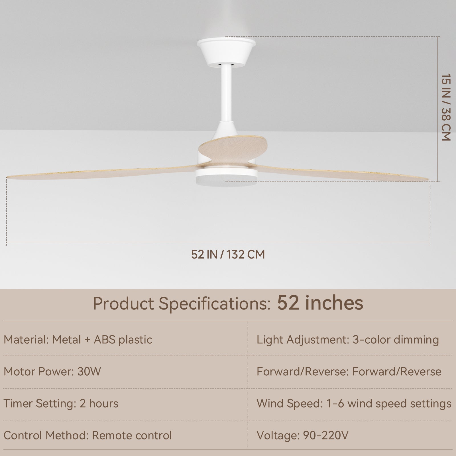 Noir-Blanc 6 vitesses Ventilateur moderne 52" avec lumière télécommande