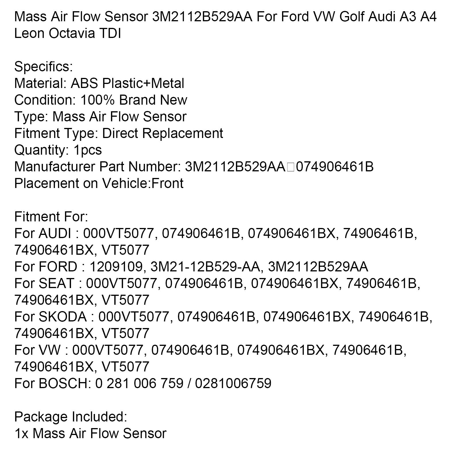 Czujnik przepływu d' masa powietrza 3M2112B529AA do Forda, VW, Golfa, Audi A3, A4, Leona, Octavii TDI