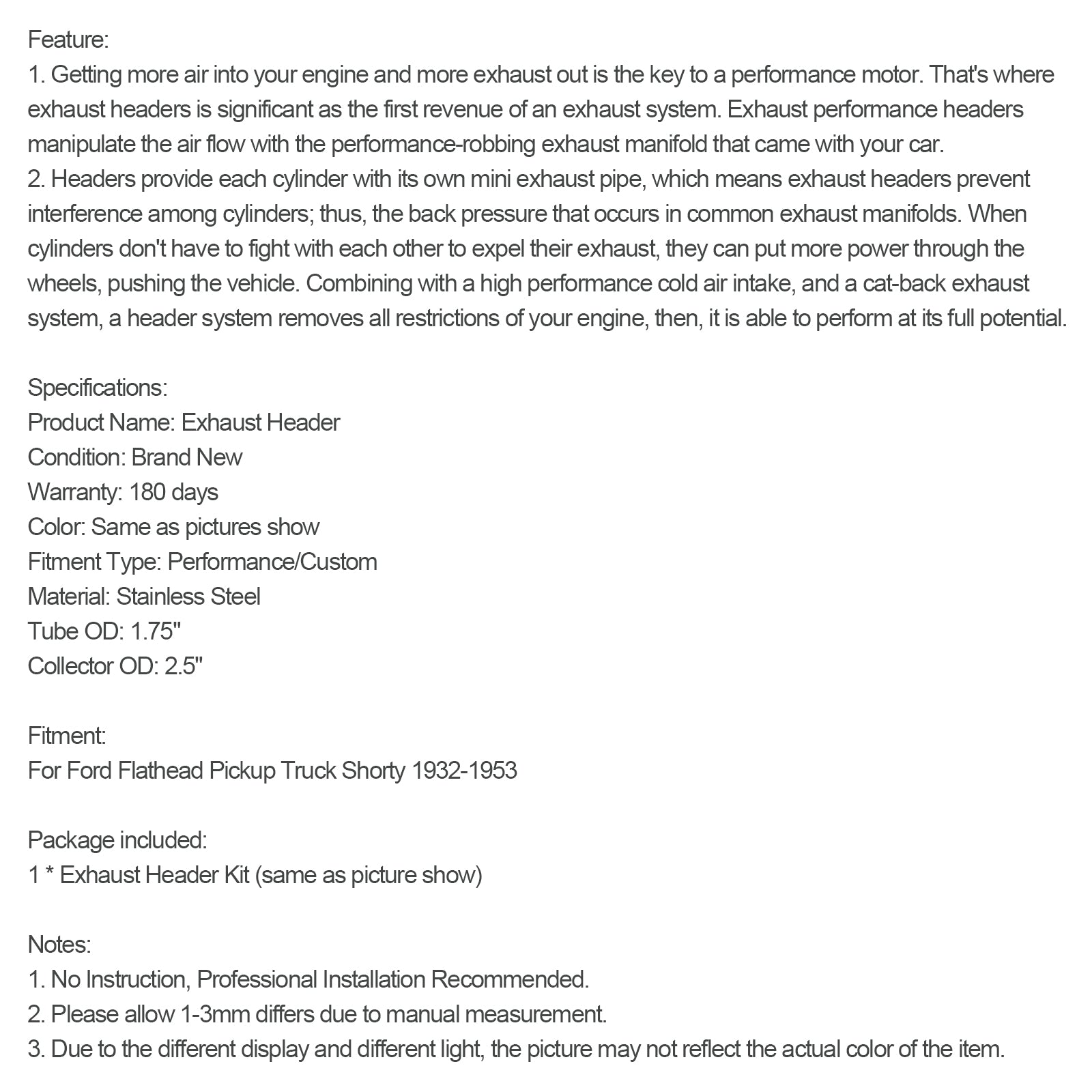 Échappement Header Shorty pour Pickup Ford Flathead V8 1932-1953 - Acier Inox