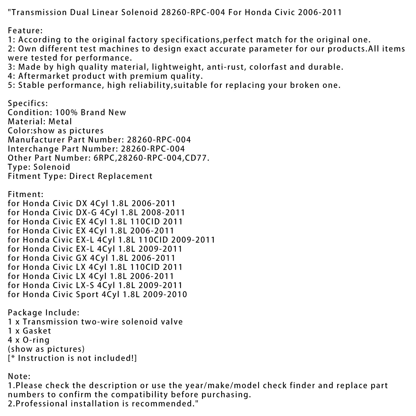 Podwójny elektromagnes przekładni liniowej na lata 2009-2010 Honda Civic Sport 4 cylindry 1.8L 28260-RPC-004