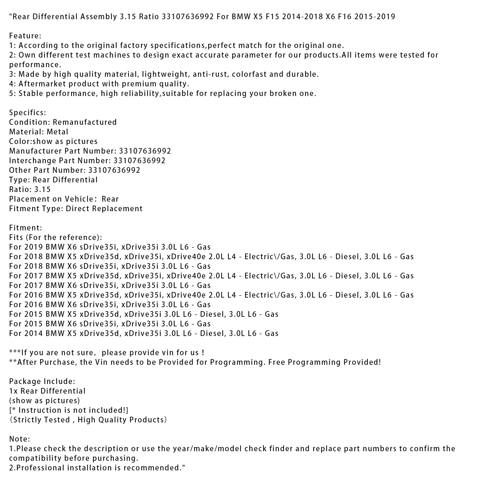 Achter differentieel 3.15 Rapport 33107636992 voor BMW X5 F15 2014-2018 X6