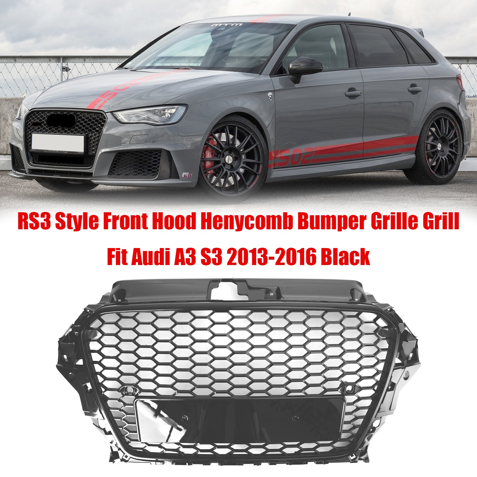 RS3 Style Front Hood Henycomb Bumper Grille Grill pour Audi A3 S3 2013-2016