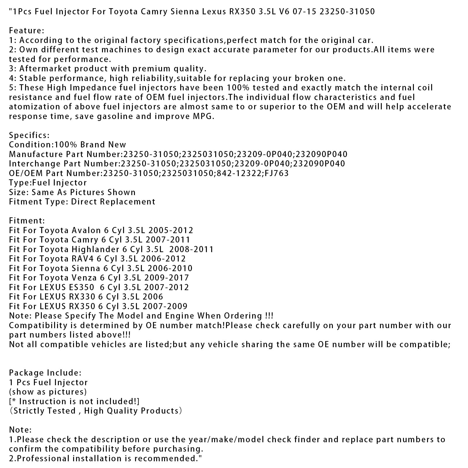 1 injecteur de carburant pour Toyota Camry Sienna Lexus RX350 3.5L V6 07-15 23250-31050