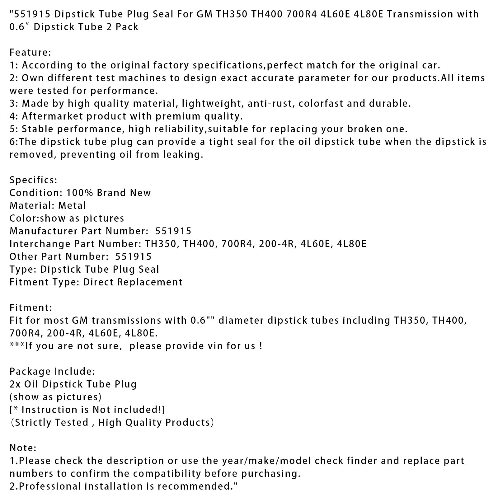 Joint de bouchon de tube de jauge d'huile 551915 pour GM TH350 TH400 700R4 4L60E 4L80E0 0,6"" (2 pièces)