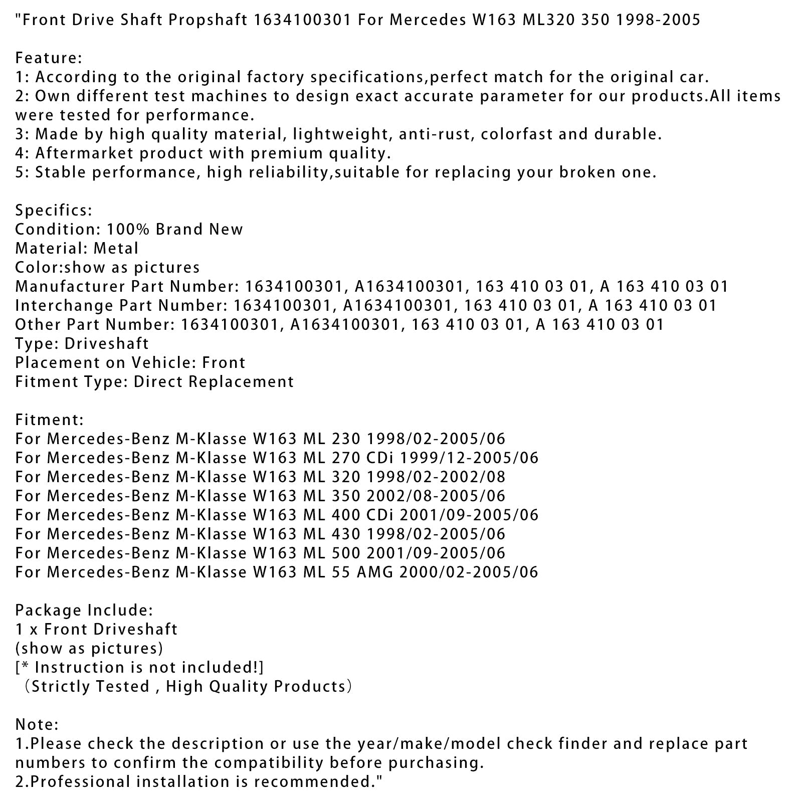 1998/02-2005/06 Mercedes-Benz M-Razred W163 Sprednja pogonska gred ML 230 1634100301