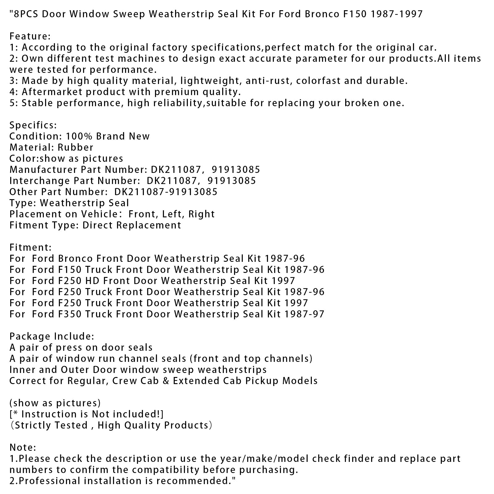 Kit de juntas de puerta delantera para Ford Bronco (1987-1996) - 8 piezas