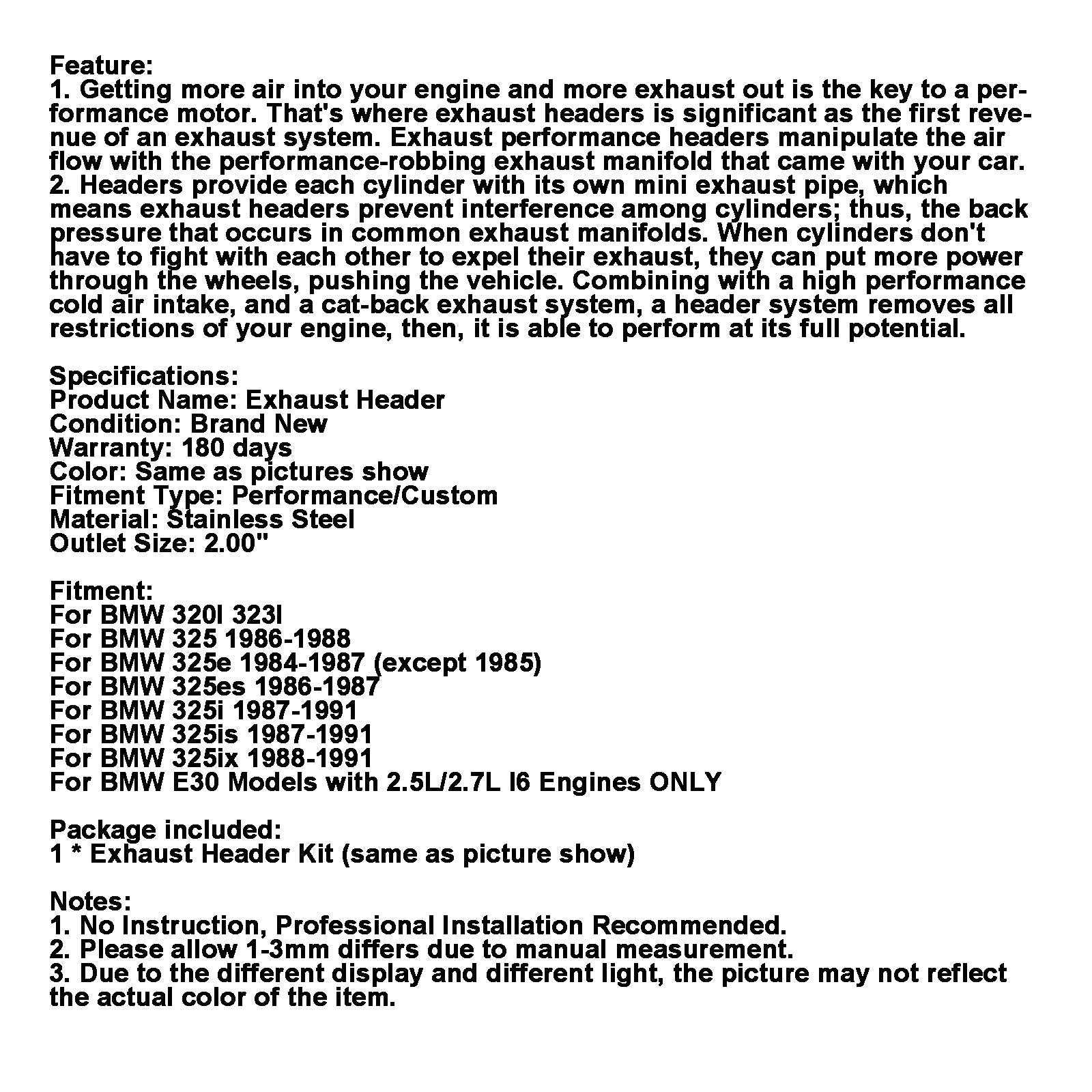 Kolektor wydechowy ze stali nierdzewnej o wysokiej wydajności 2" dlaBMW E30 325e 325i 325ix (L6 2,5L/2,7L)