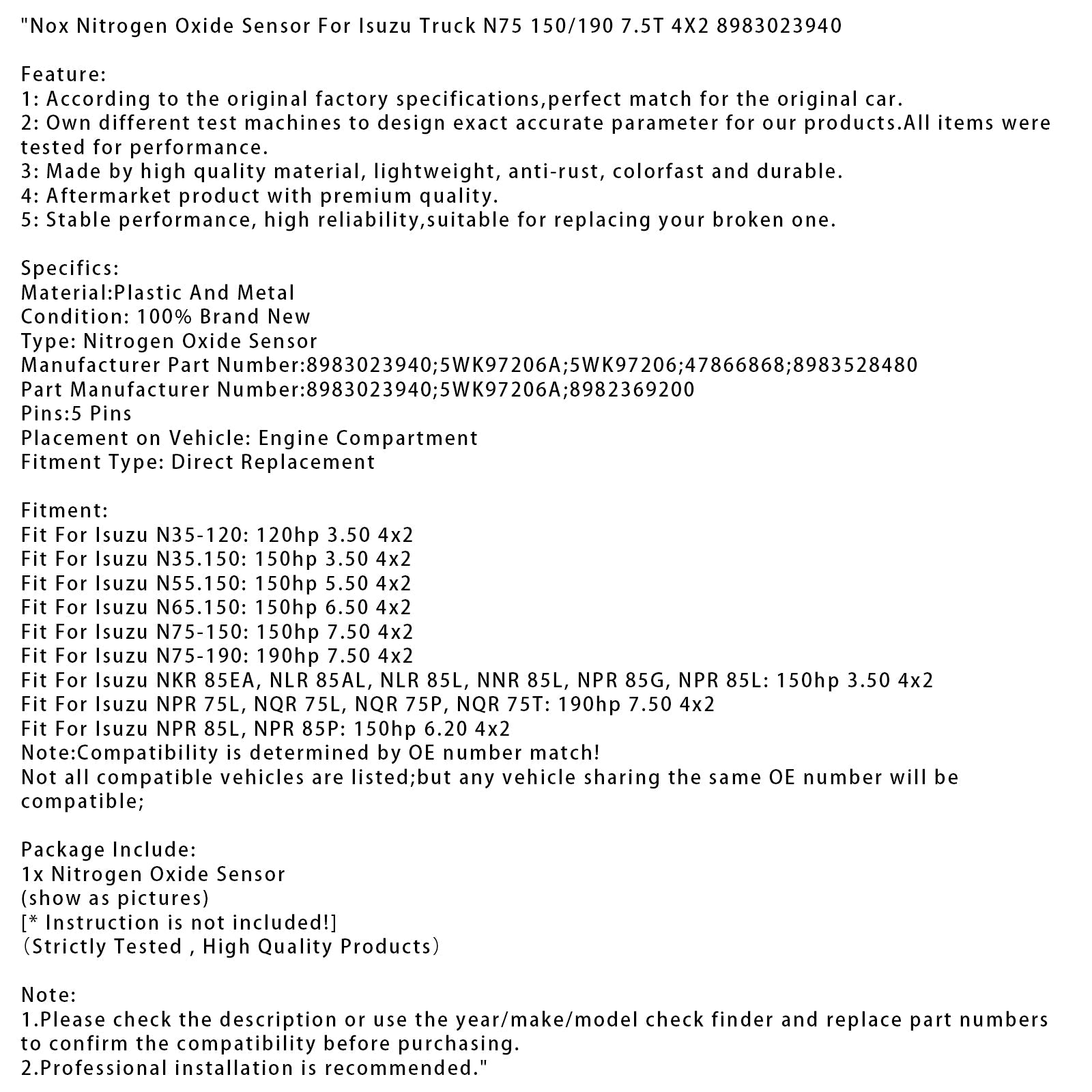 Senzor d'oksid'dušik NOX za tovornjak Isuzu N75 150/190 7.5T 4X2 8983023940