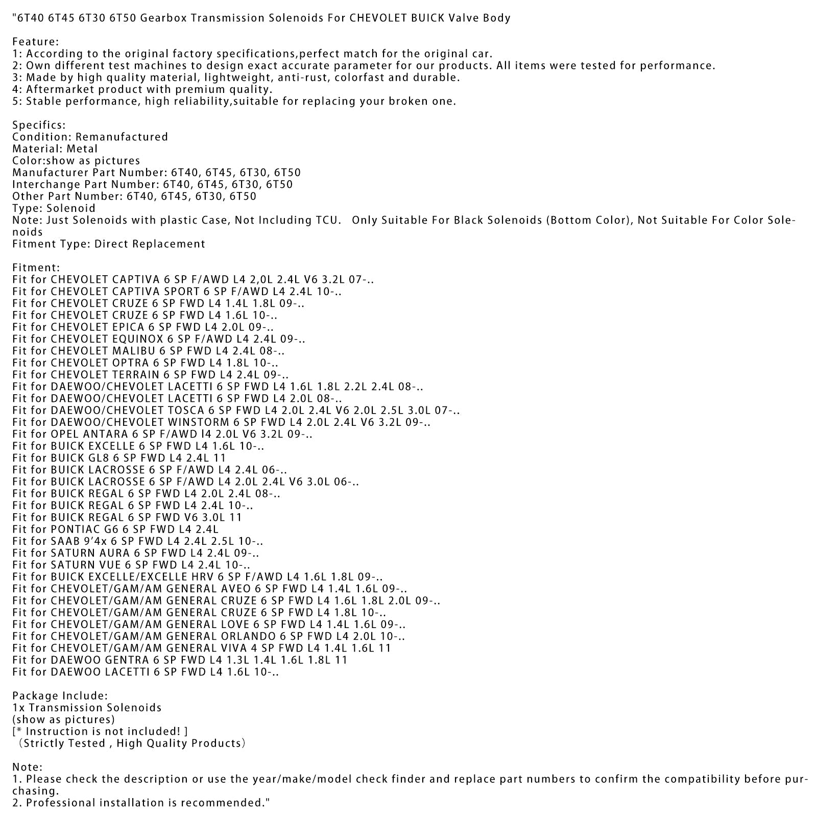 2008-Maintant Daewoo/Chevolet Lacetti 6 Sp fwd L4 1,6L 1,8L 2.2L 2.4L 6T40 6T45 6T30 6T50 SOLénoids of Gearbox Transmission