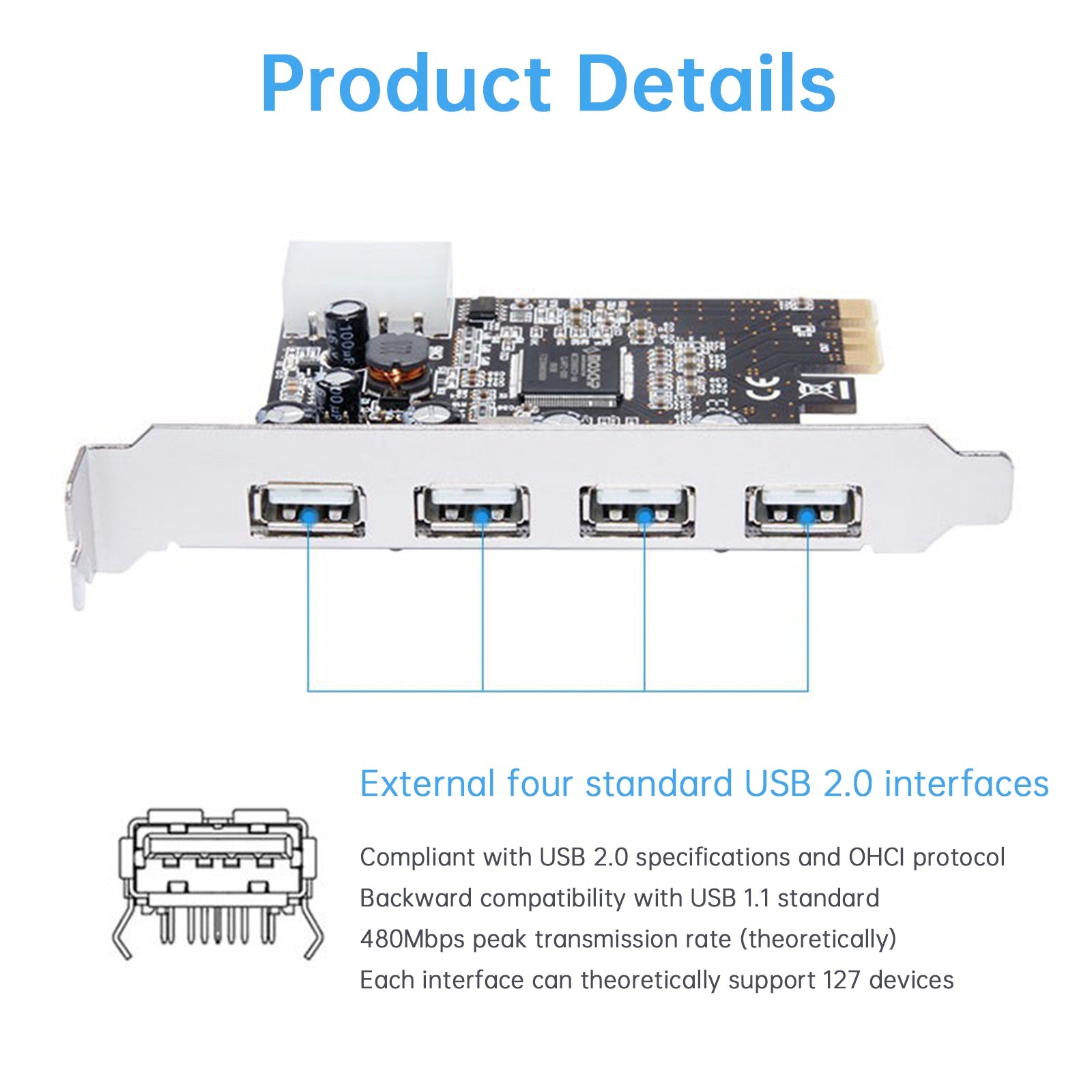Carte d'extension HUB 2.0 PCIE vers USB 2.0, adaptateur Moschip, alimentation 4 broches