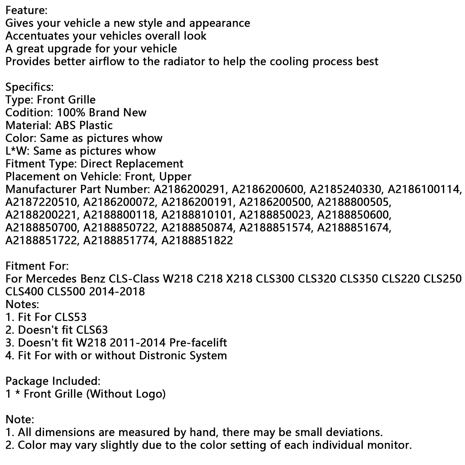 Mercedes Benz CLS-klasse voorbumpergrille W218 CLS350 2015-2018 A2186200291