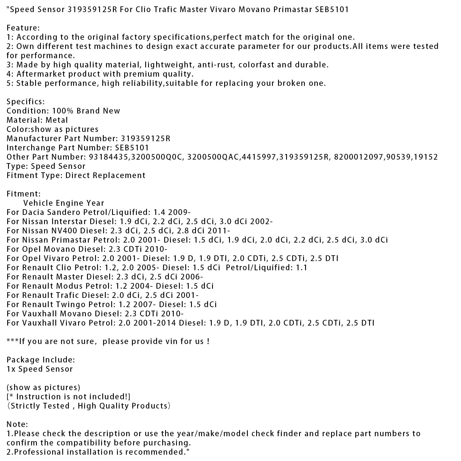 Capteur de vitesse 319359125R pour Clio Trafic Master Vivaro Movano Primastar SEB5101