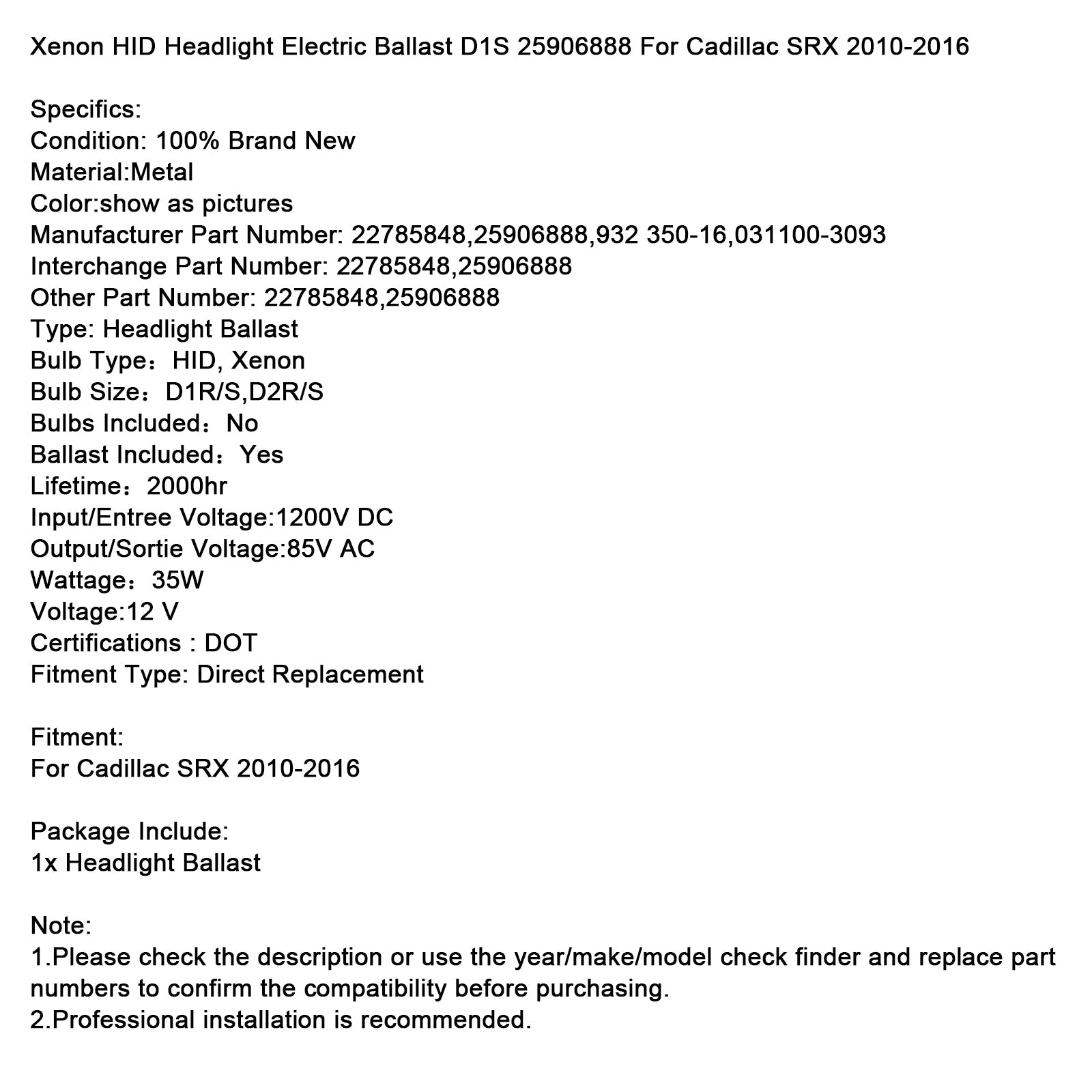 Ballast eléctrico de la luz delantera en Xenon Hid Cadillac SRX 2010-2016 D1S 259068888