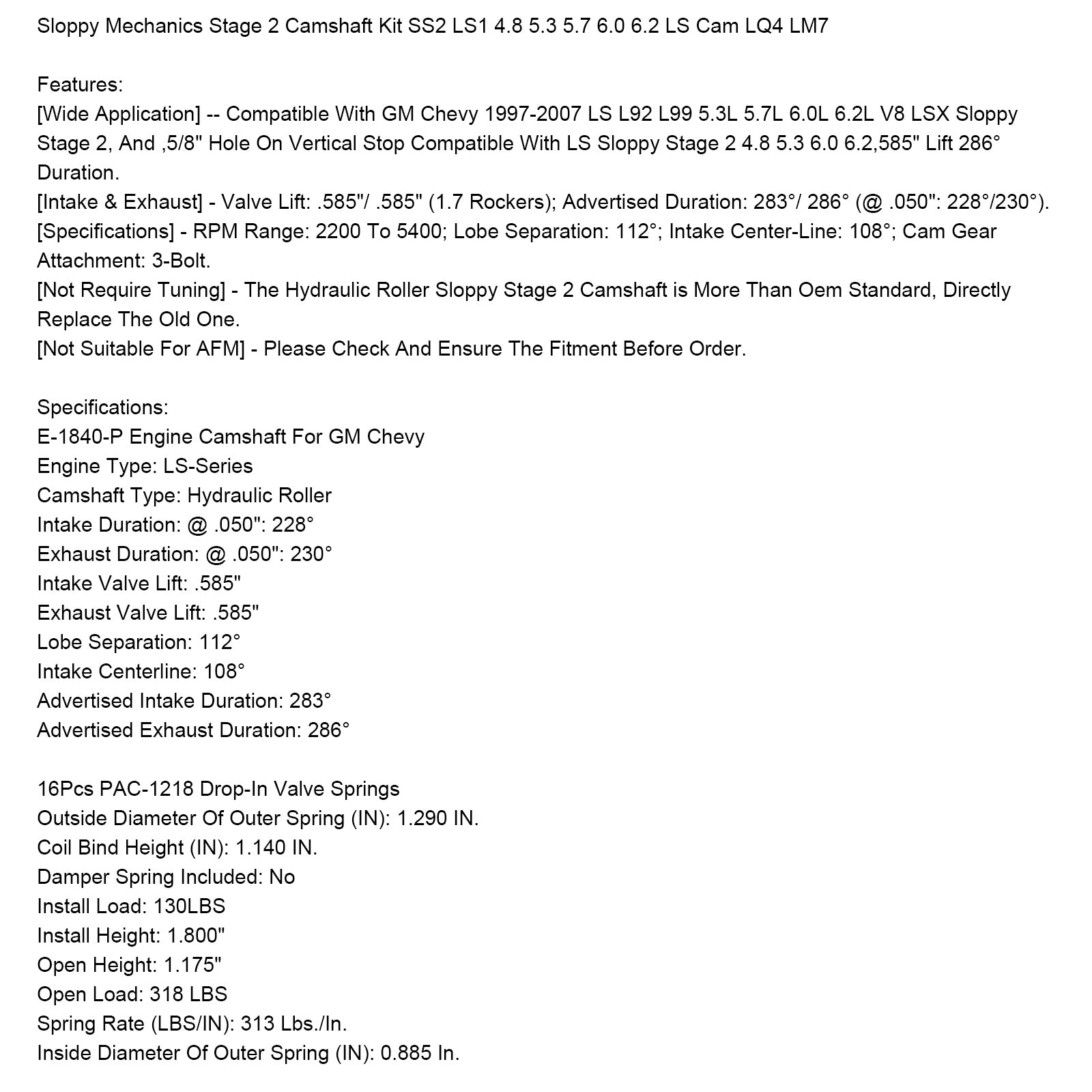 Sloppy Mechanics Stage 2 Camshaft Kit SS2 LS1 4.8 5.3 5.7 6.0 6.2 LS Cam LQ4 LM7