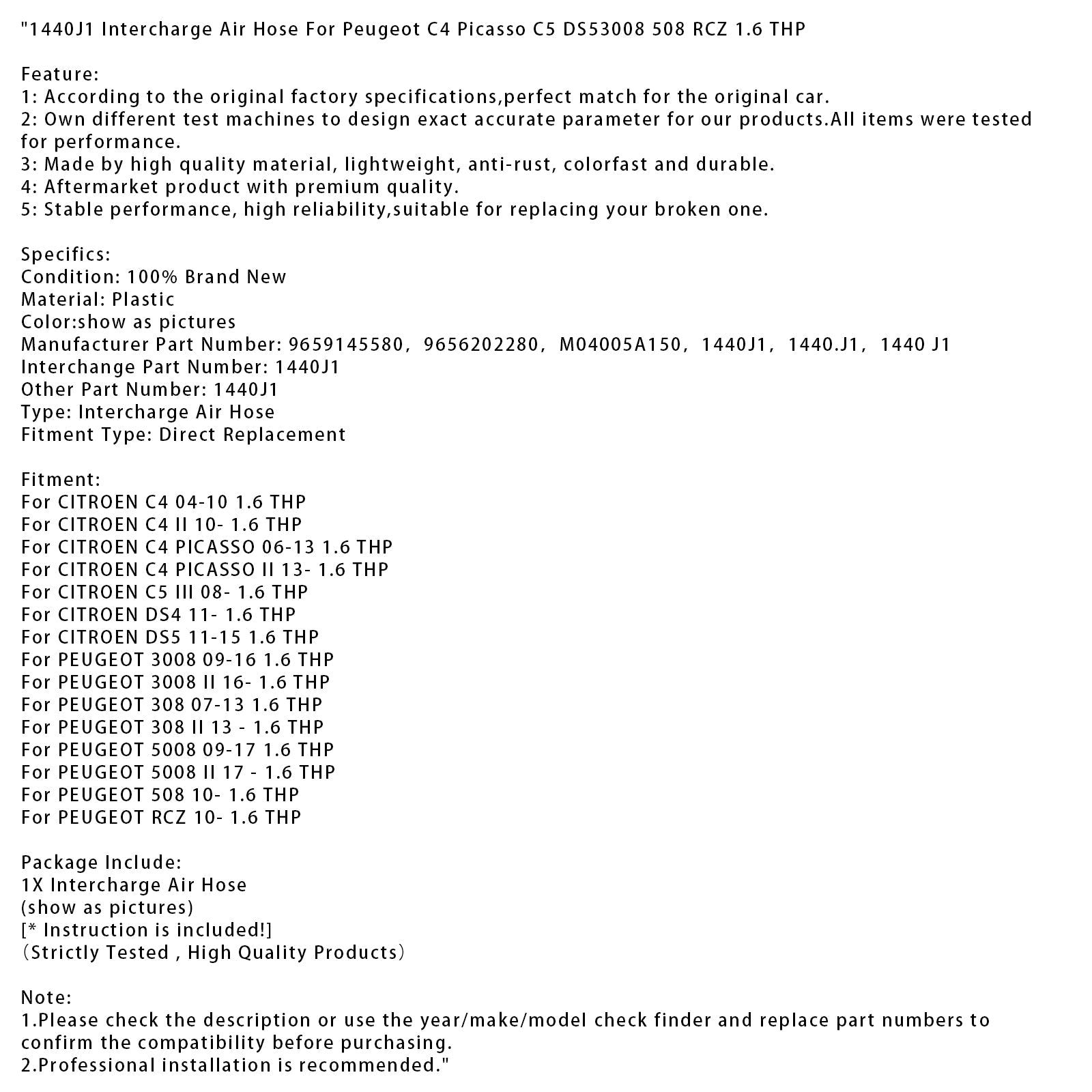 Tubo de'compresor de aire 1440J1 para Peugeot C4 Picasso C5 DS53008 508 RCZ 1.6 THP