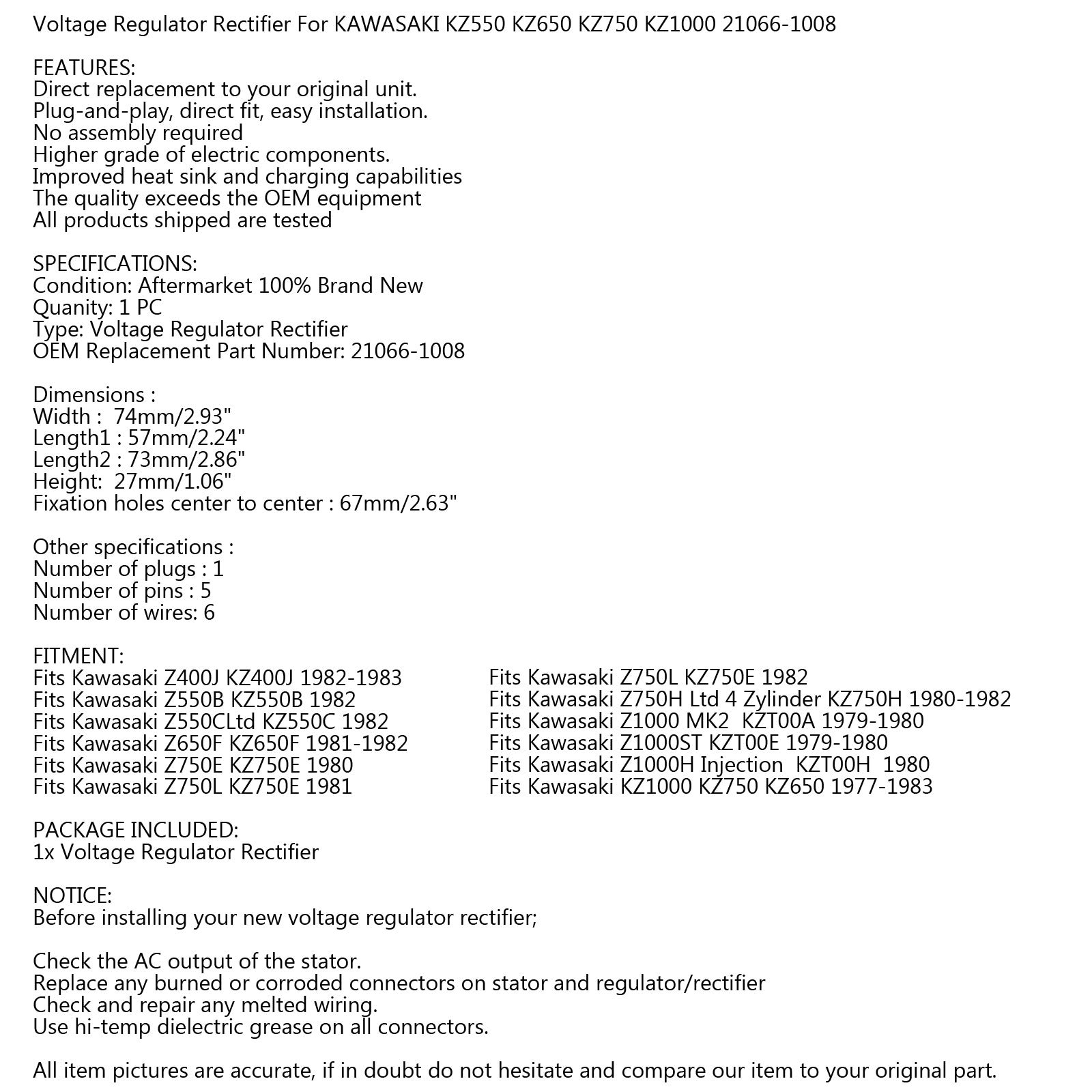 VOLTAGE REGULATOR VOOR KAWASAKI KZ550 KZ650 KZ750 KZ1000 MOTORFIETS 21066-1008
