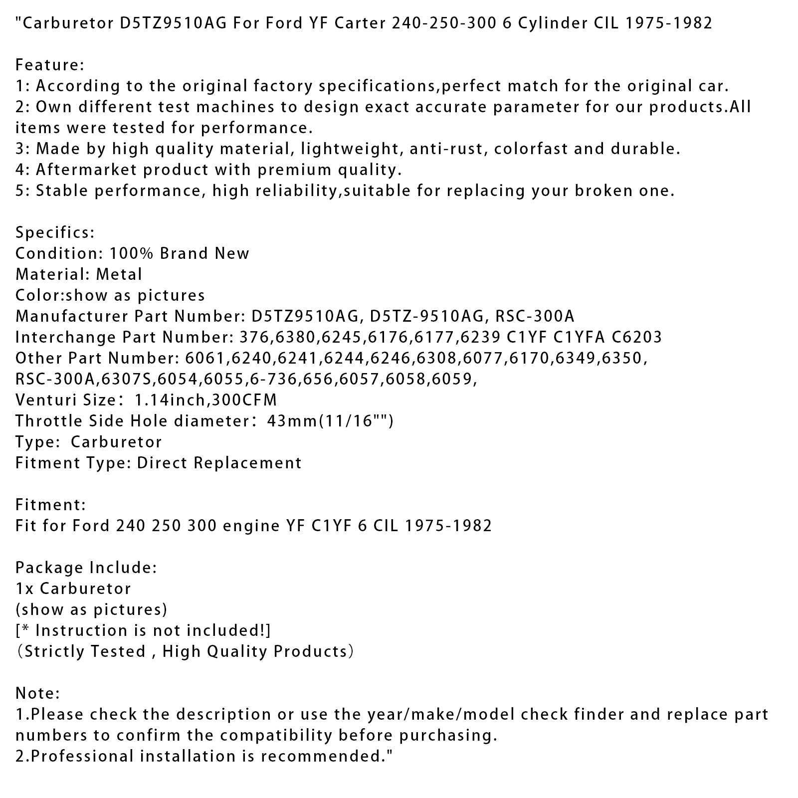 Ford Ford YF Carter de 6 cilindros 240-250-300 1975-1982 D5TZ9510AG