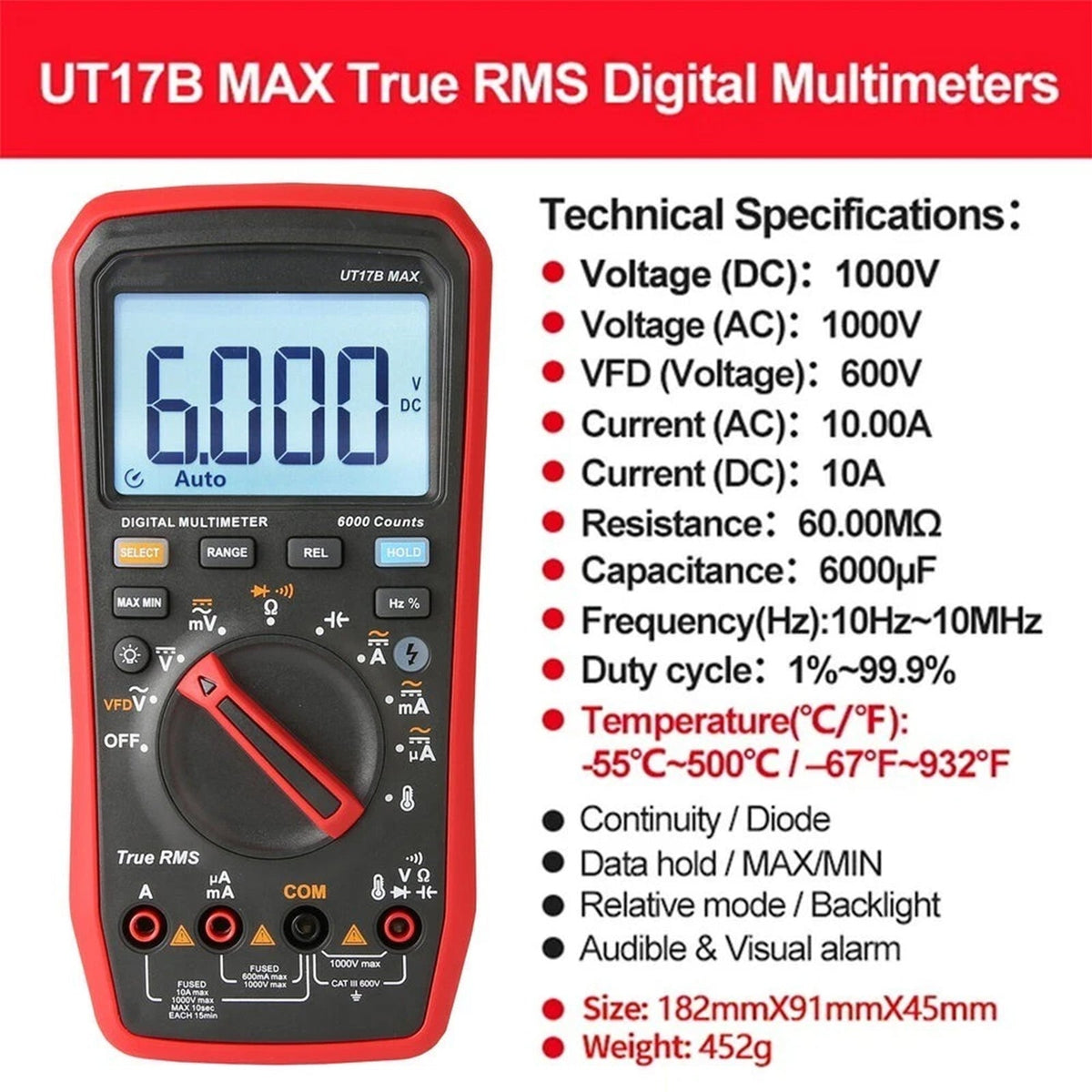 Multimètre numérique UT17B MAX avec fonctions CC/CA et mesure C/V/I/R