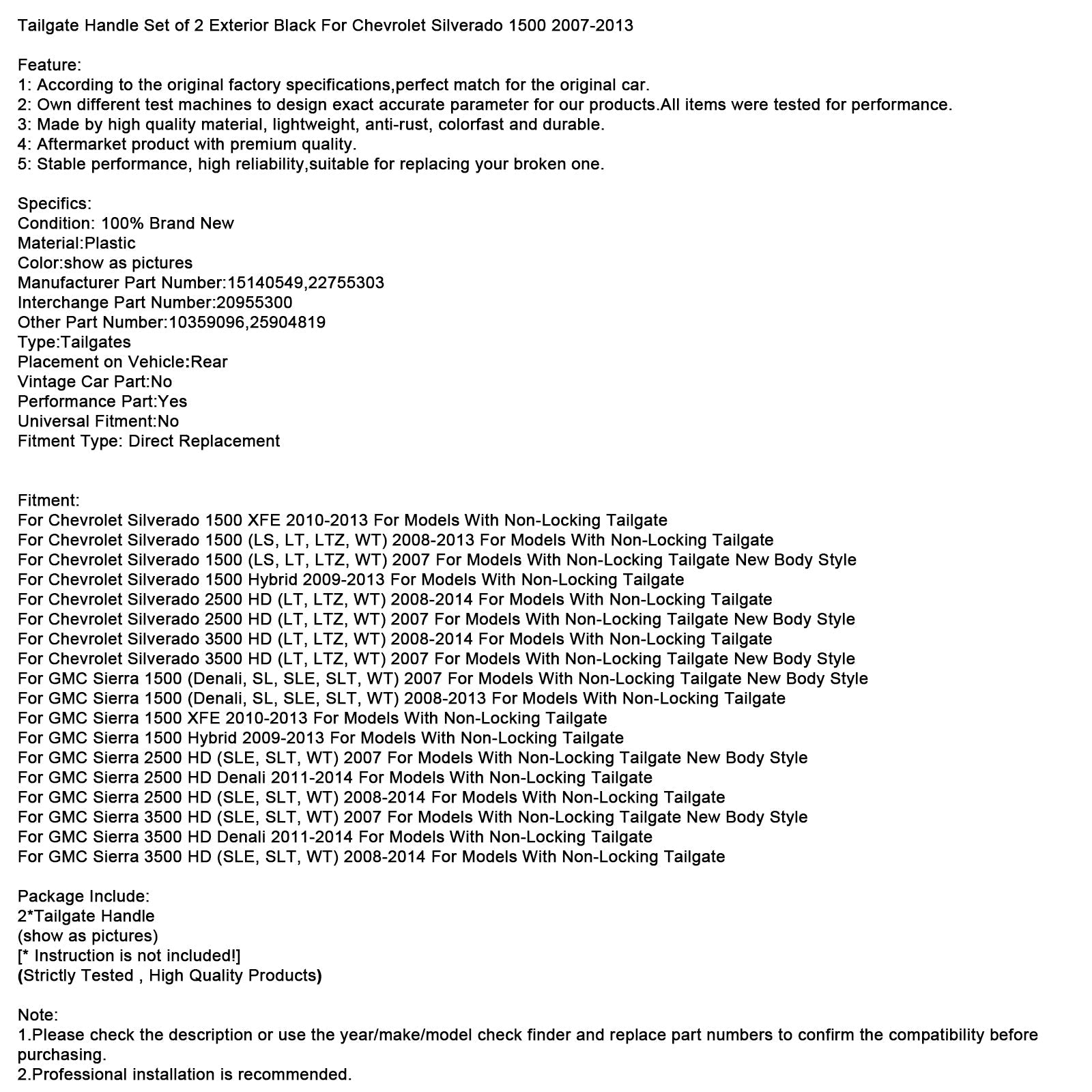 2 mustaa takaluukun ulkokahvaa Chevrolet Silverado 1500 2007-2013