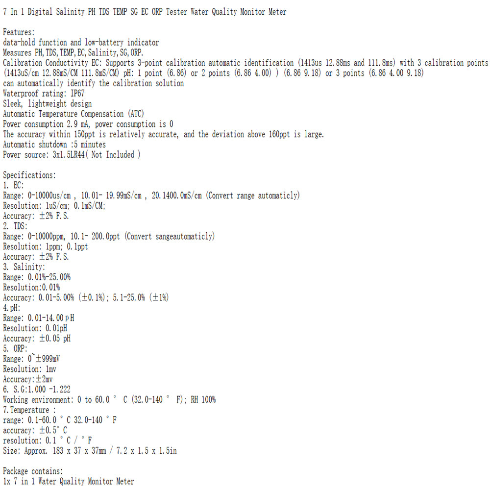 Cyfrowy miernik zasolenia PH TDS TEMP SG EC ORP 7w1 do monitorowania jakości wody