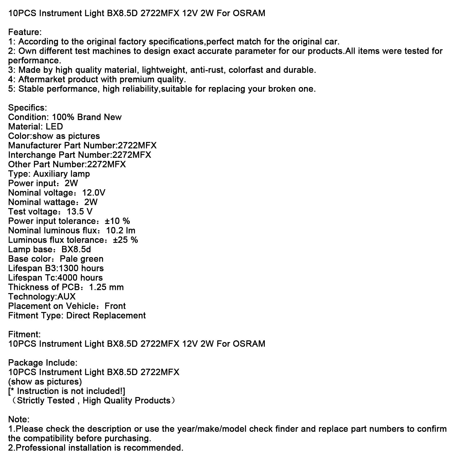 Lot de 10 lampes d'instrument BX8.5D 2722MFX 12 V 2 W pour OSRAM