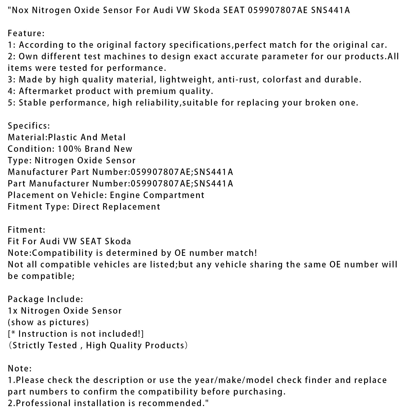 Senzor'oksid d'dušik NOx Audi VW Škoda SEAT 059907807AE SNS441A