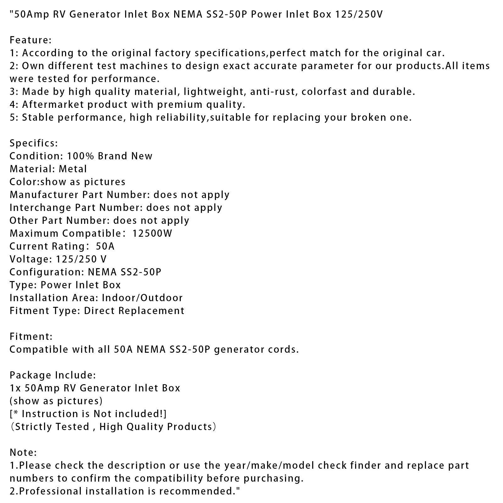 Scatola di ingresso del generatore camper 50 Amp NEMA SS2-50P, 125/250 Volt