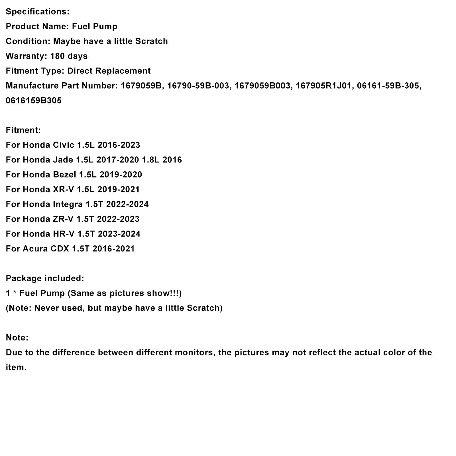 Pompa carburante ad alta pressione per Honda HR-V 1.5T (2023-2024) - Numeri di parte : 16790-59B-003 e 167905R1J01