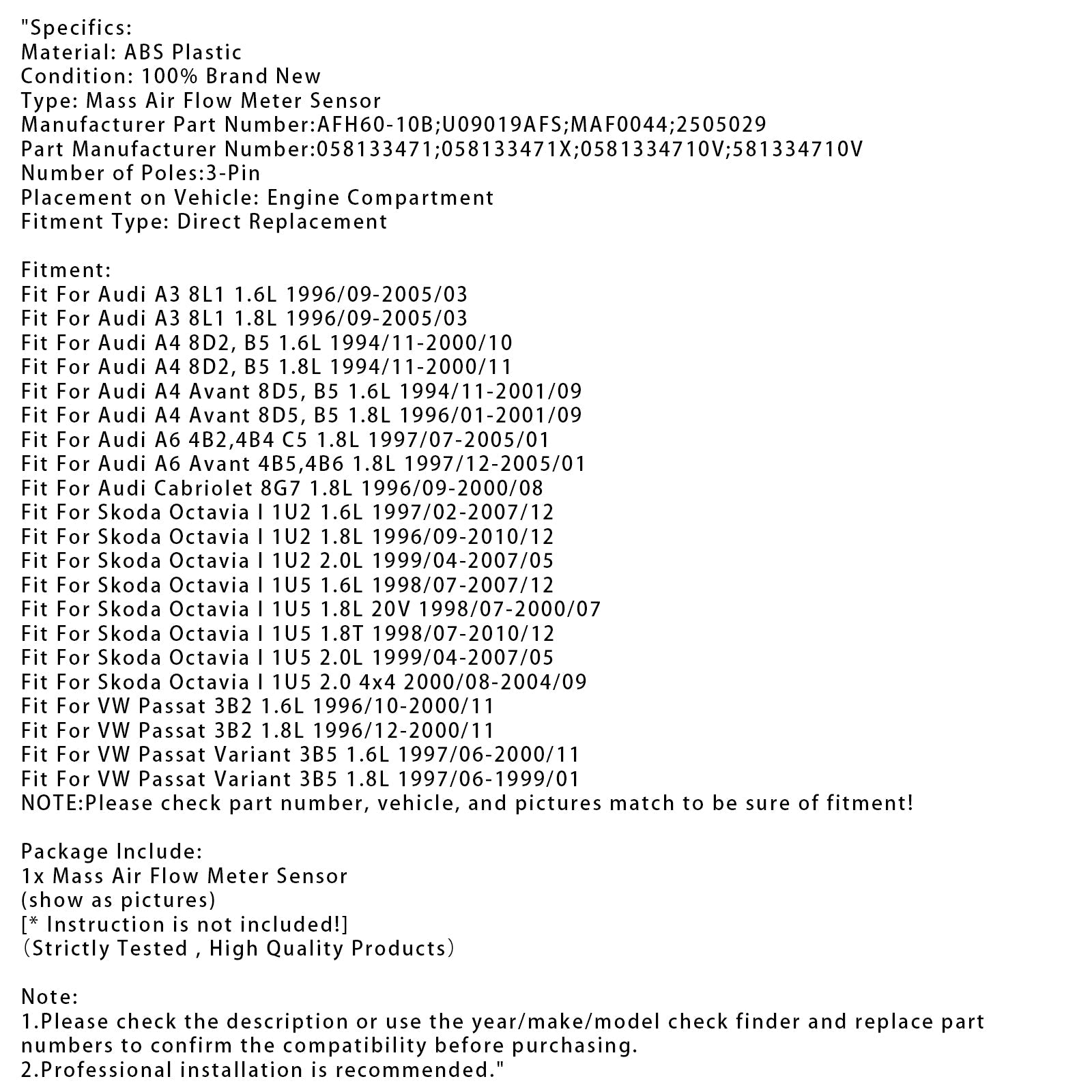 Senzor merilnika pretoka d'zračna masa za Audi A4 B5 A6 C5 VW Passat 3B 1.8L 058133471