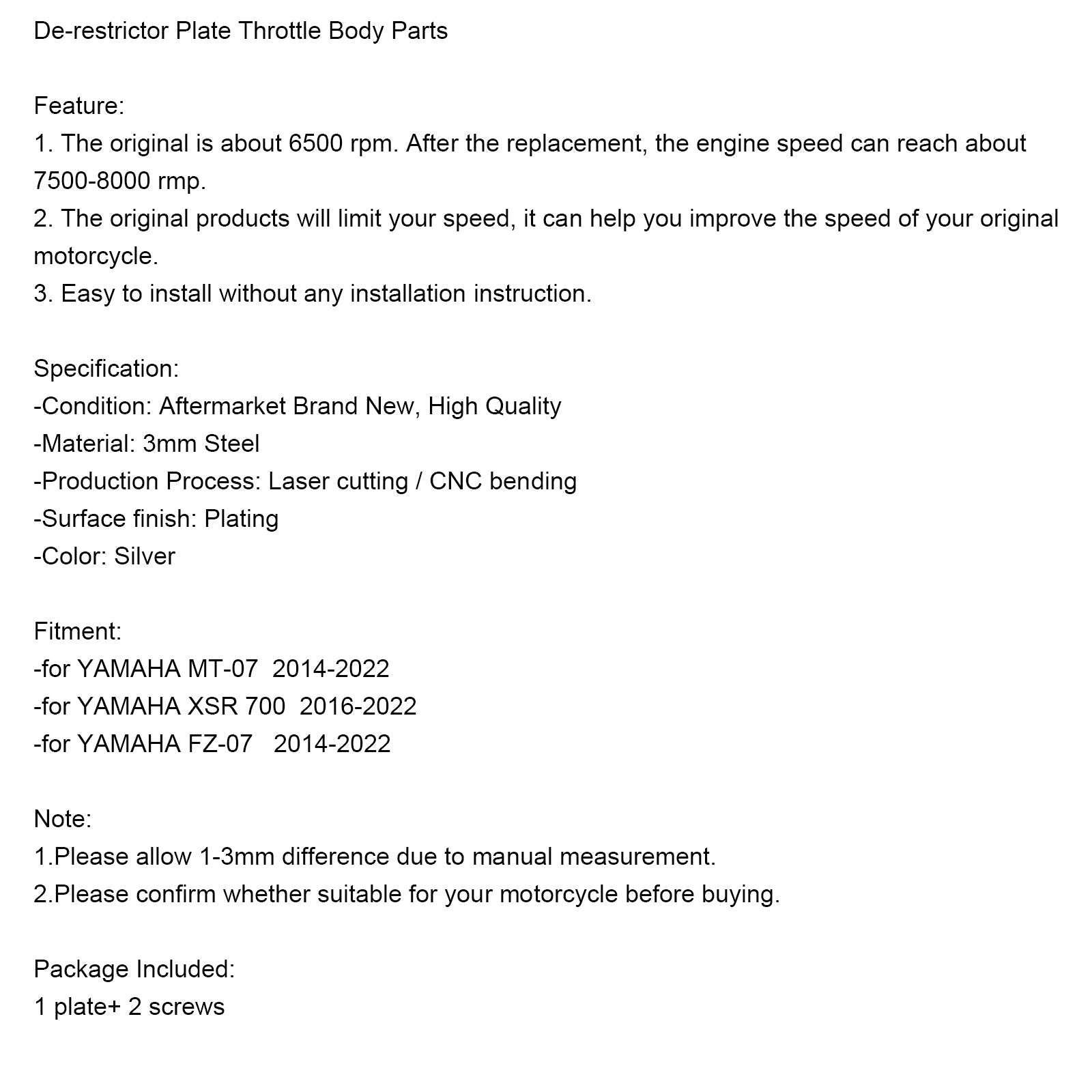 Gasklephuis Onderdelen Restrictor Plaat Fit Voor YAMAHA MT-07 FZ-07 XSR700 2014-2022