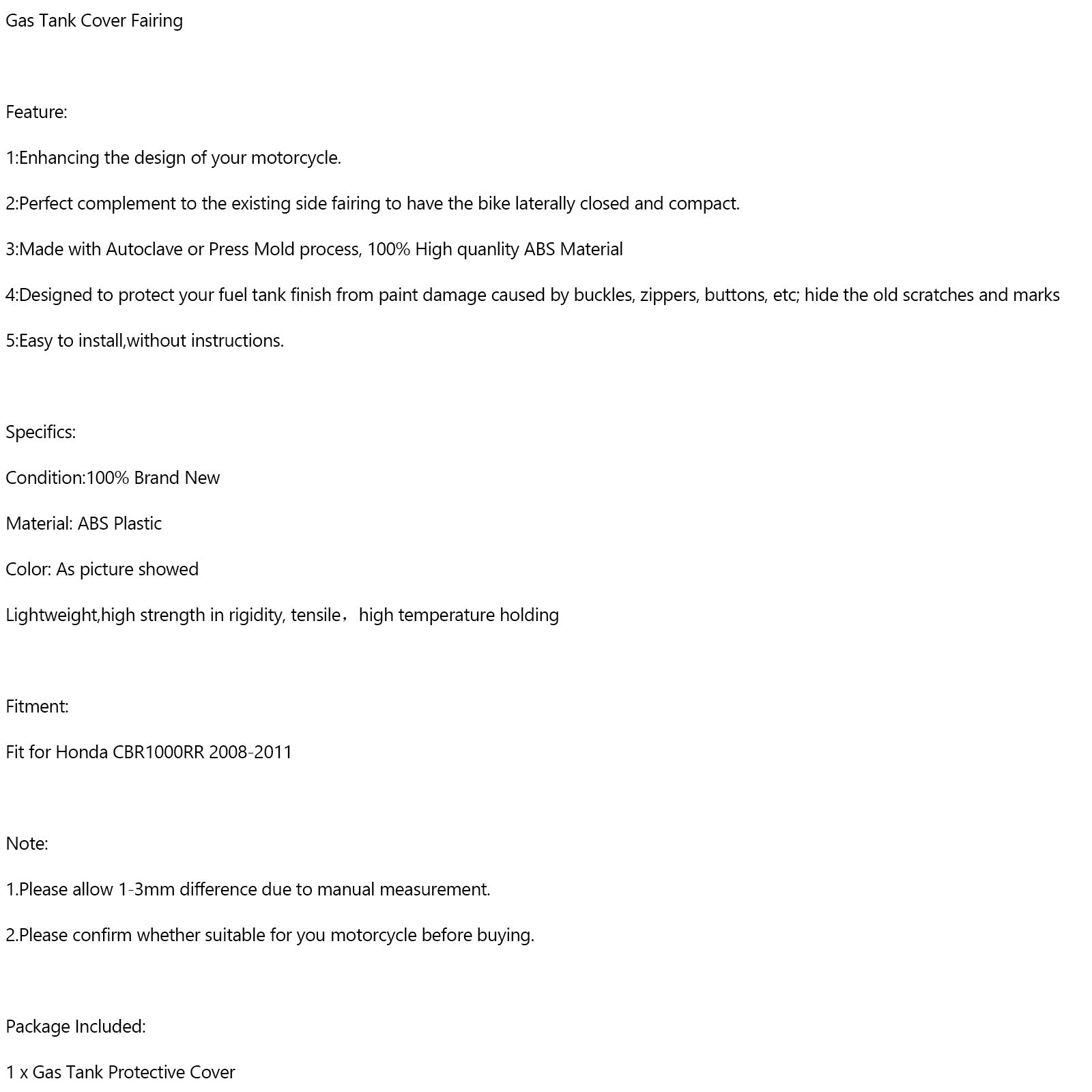 2008-2011 Honda CBR1000RR Carbon Gas Tank pokrywa panelu osłona owiewki