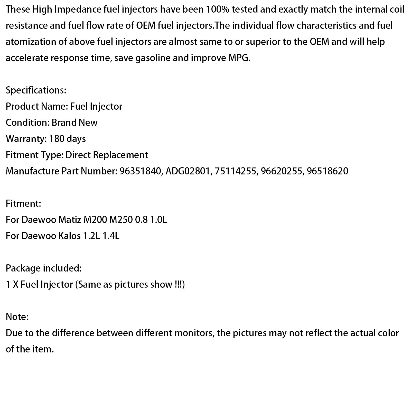 Injecteur de carburant 1 pièce 96620255 pour Chevrolet Fit Daewoo Matiz 0,8 L 1,0 L 96518620