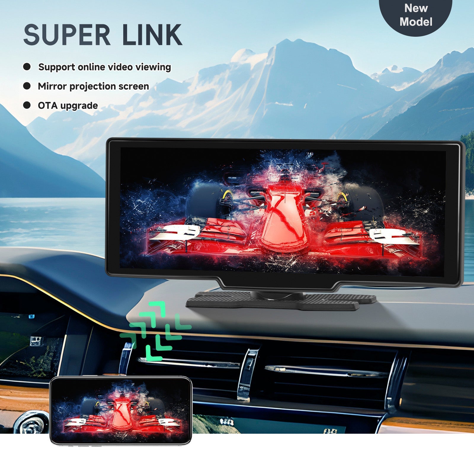 Boordnavigatiesysteem met 10,26 inch HD-scherm, CarPlay en 12 inch LED-camera.