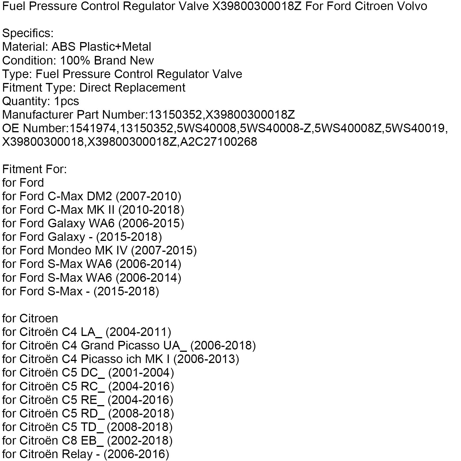 Citroën C5 Regulatore di pressione del carburante RC_ 2004-2016 X39800300018Z