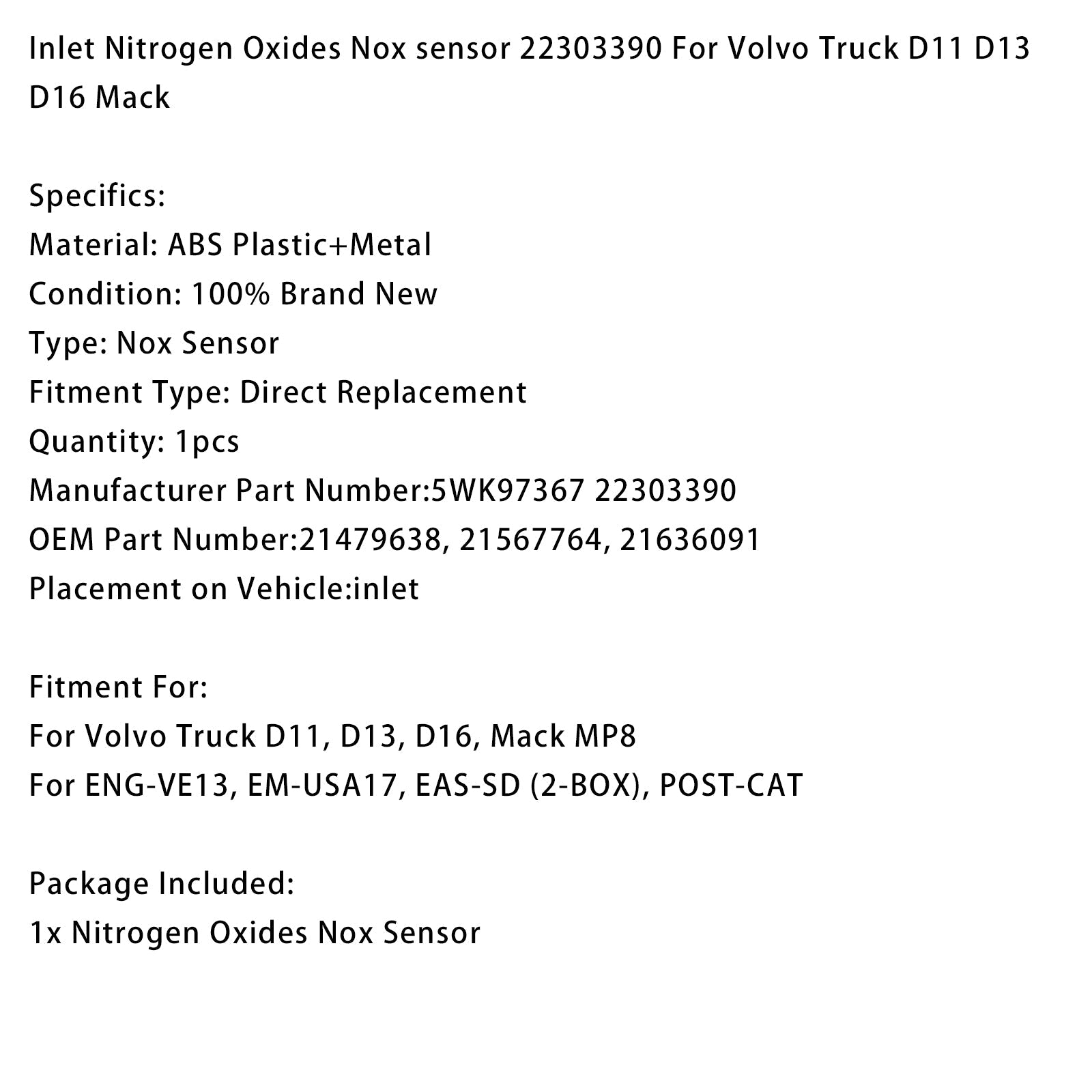 ENG-VE13, EM-USA17, EAS-SD (2-BOX), Sensore'ossidi di'azoto (NOx) d'Voce POST-CAT 22303390