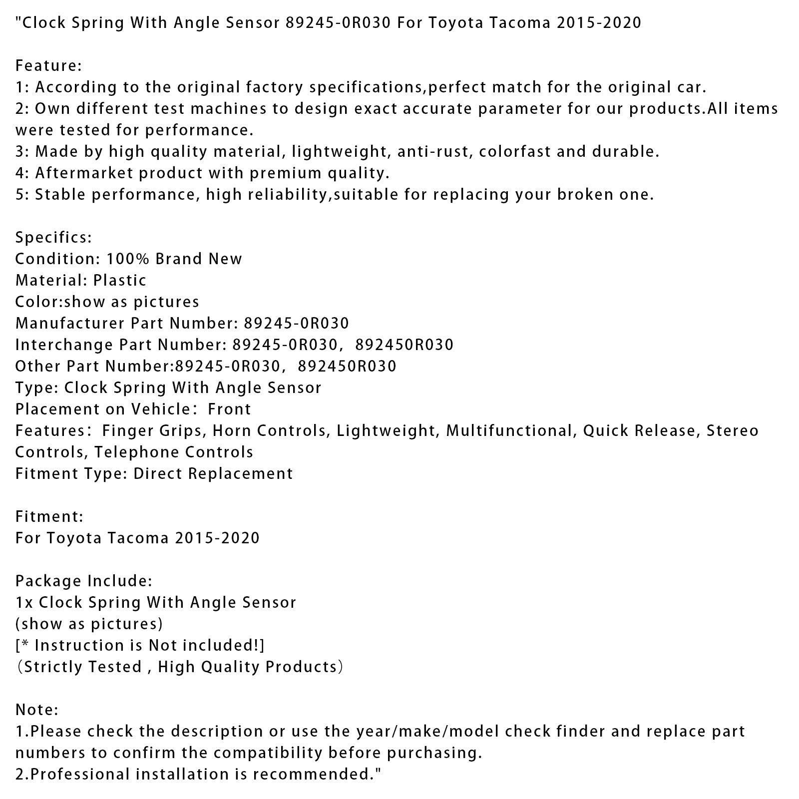 Resorte de retorno con sensor de ángulo para Toyota Tacoma 2015-2020, número de pieza 89245-0R030