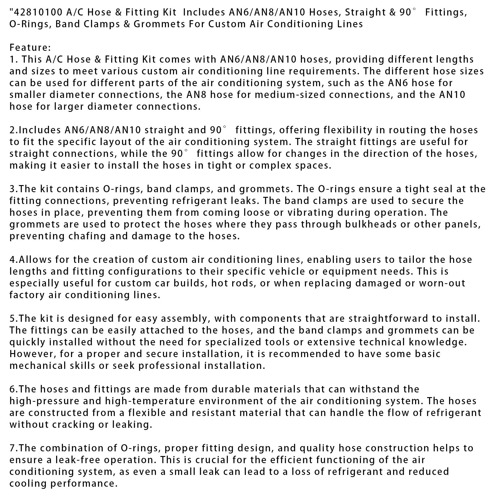 42810100 Kit de tuyaux et raccords pour climatisation AN6/AN8/AN10, raccords droits et à 90°
